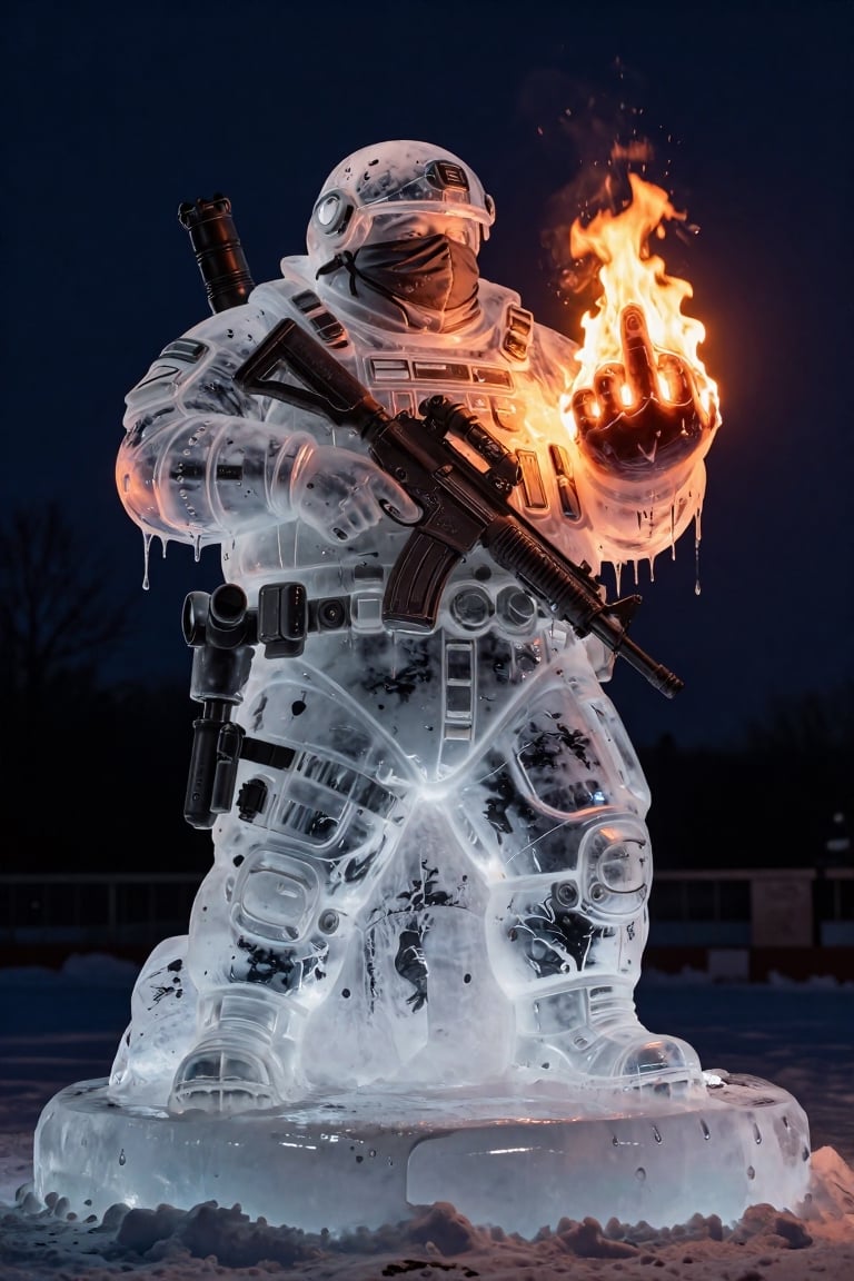 Transparent melting ice sculpture of a lazy very fat man in high-tech modern military equipment,  in a flack vest holding...