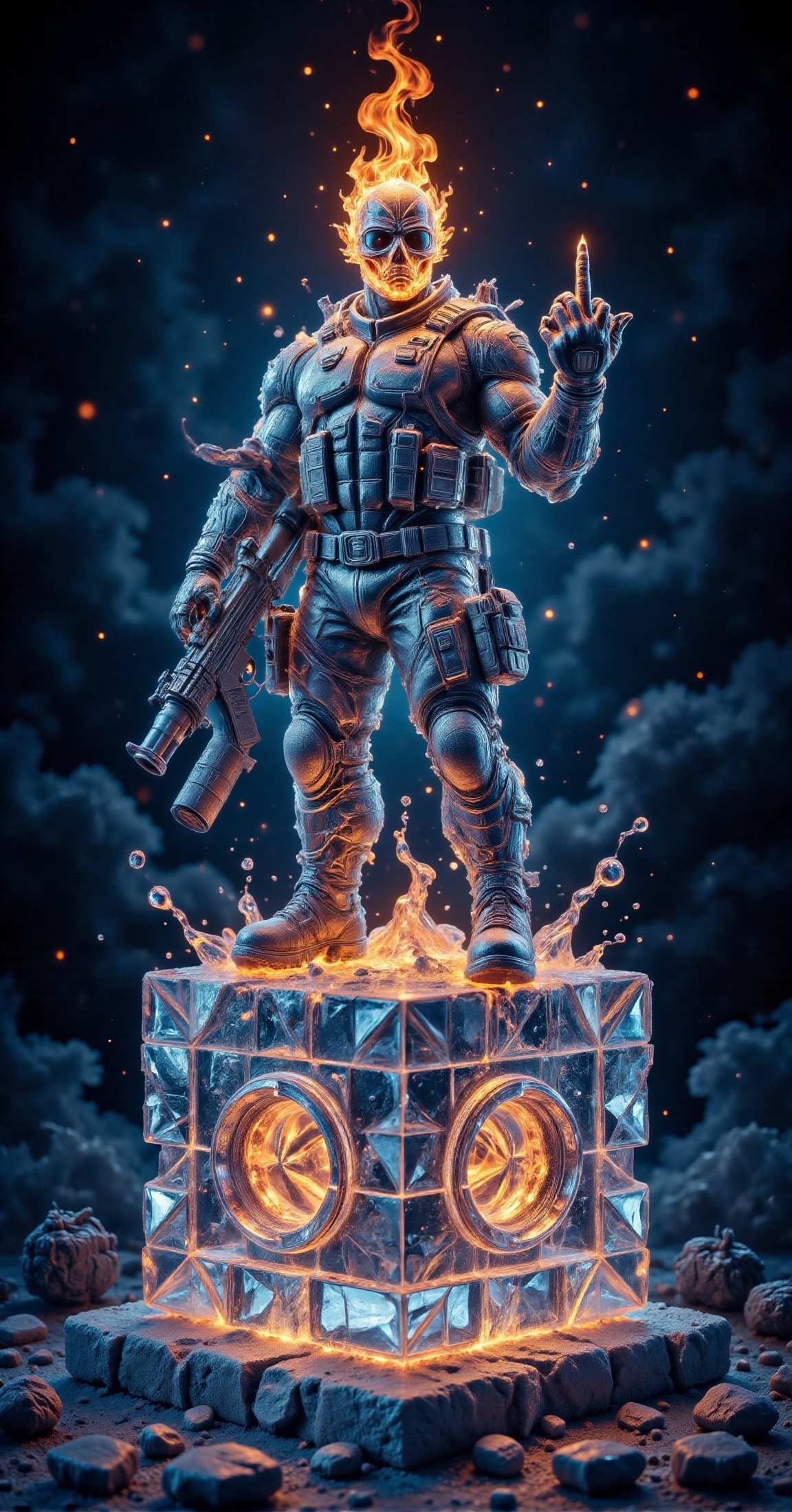 a 3D rendering ice sculpture of a high-tech modern soldier in a flack vest holding an M4 with attached grenade launcher. T...