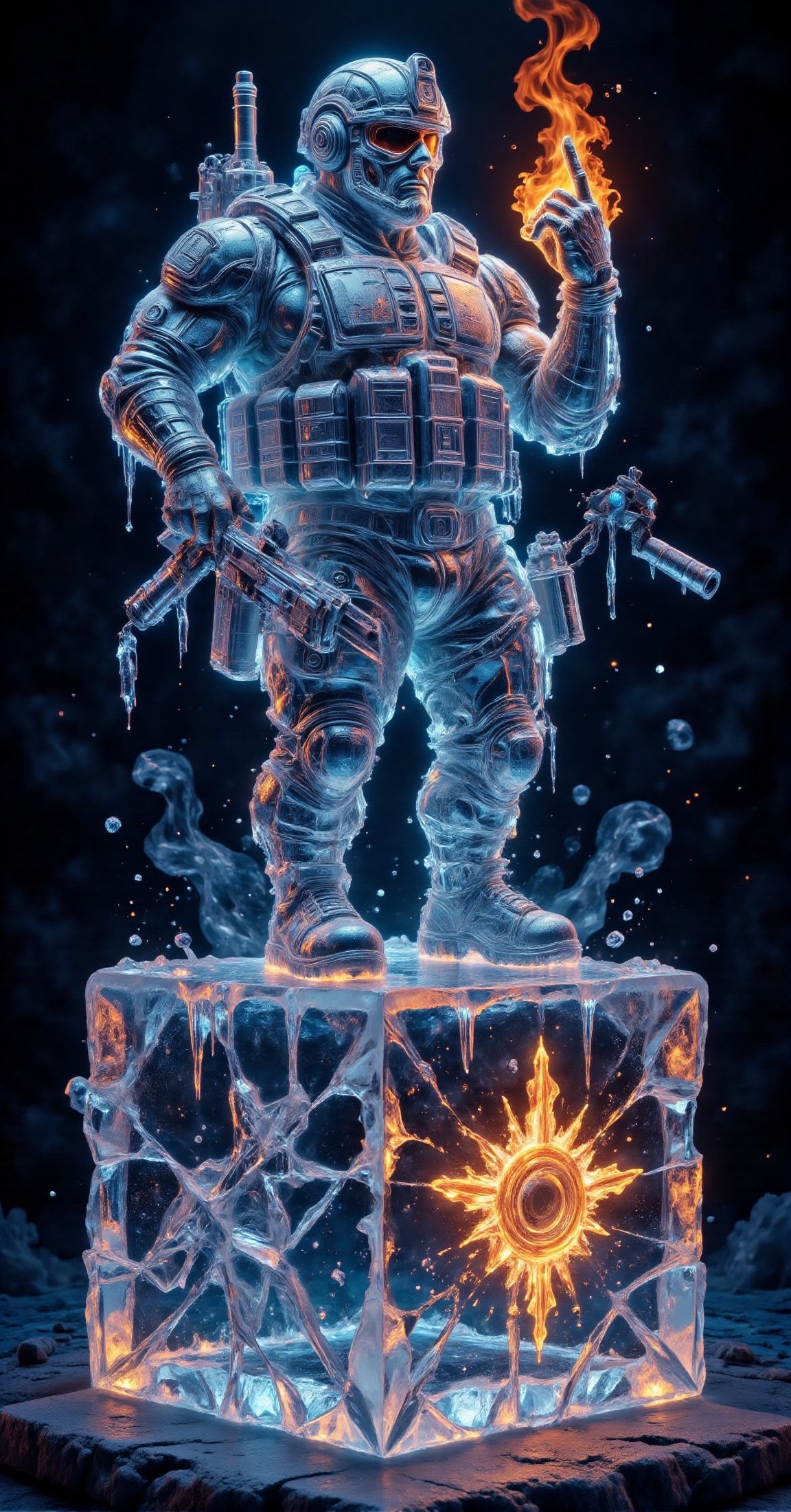 a 3D rendering ice sculpture of a high-tech modern soldier in a flack vest holding an M4 with attached grenade launcher. T...