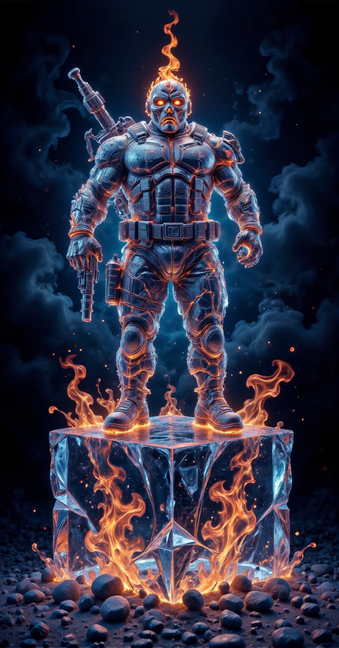 a 3D rendering ice sculpture of a high-tech modern soldier in a flack vest holding an M4 with attached grenade launcher. T...