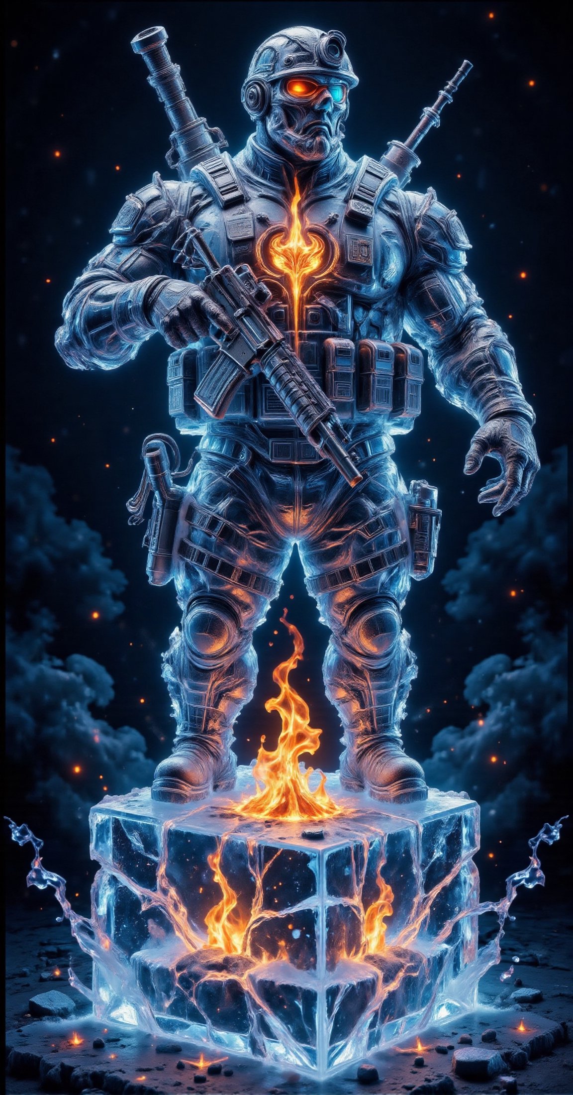 a 3D rendering ice sculpture of a high-tech modern soldier in a flack vest holding an M4 with attached grenade launcher. T...