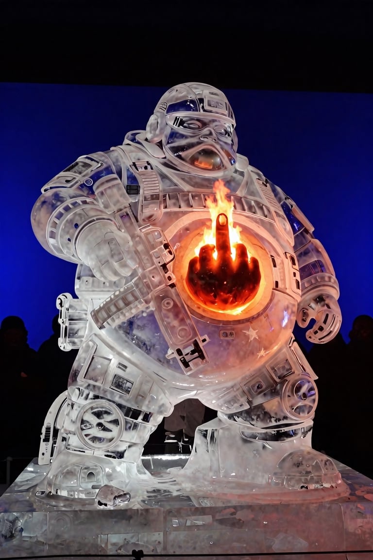 Transparent melting ice sculpture of a lazy very fat man in high-tech modern military equipment,  in an ice flack vest hol...