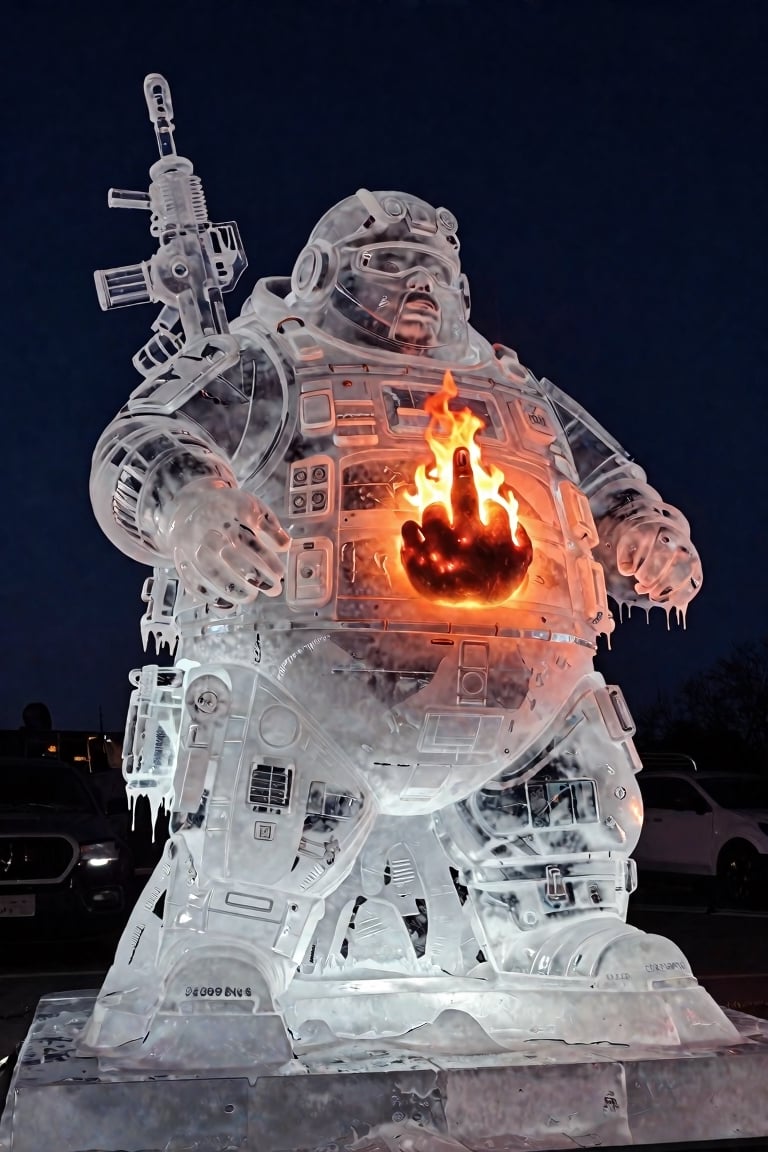 Transparent melting ice sculpture of a lazy very fat man in high-tech modern military equipment,  in an ice flack vest hol...