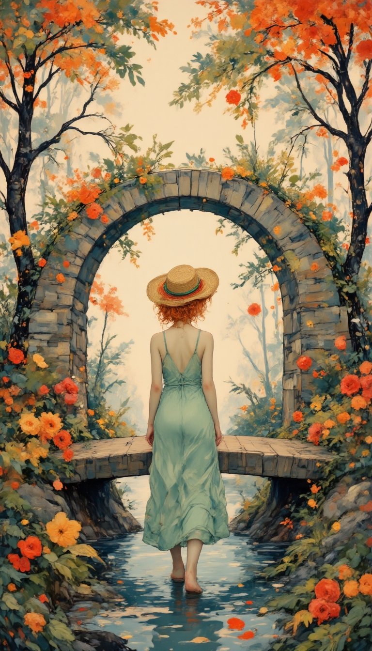 This minimalist work embodies the essence of simplicity. A solo young woman with bright-orange hair wearing a large straw...