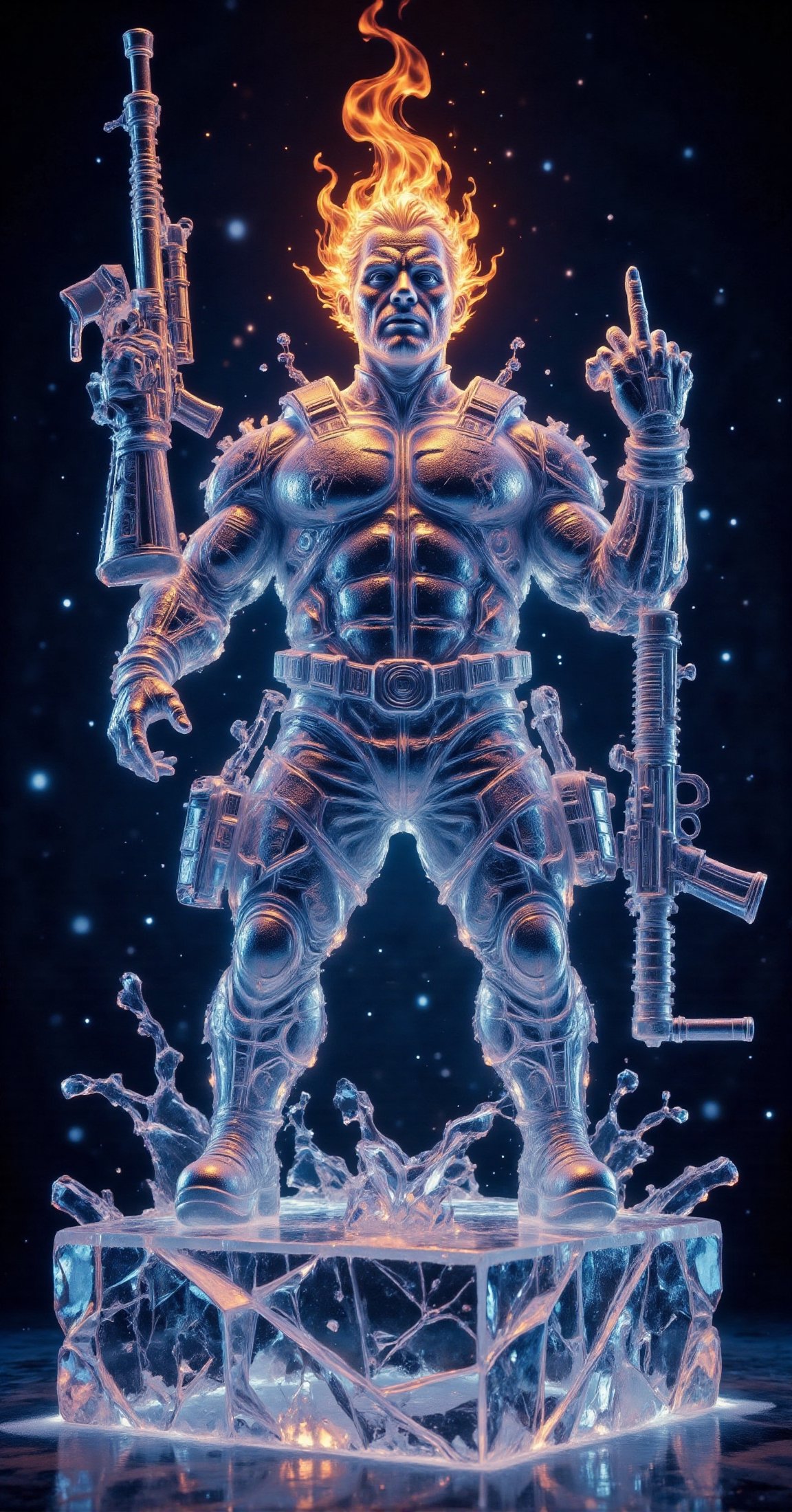 a 3D rendering ice sculpture of a high-tech modern soldier in a flack vest holding an M4 with attached grenade launcher. T...
