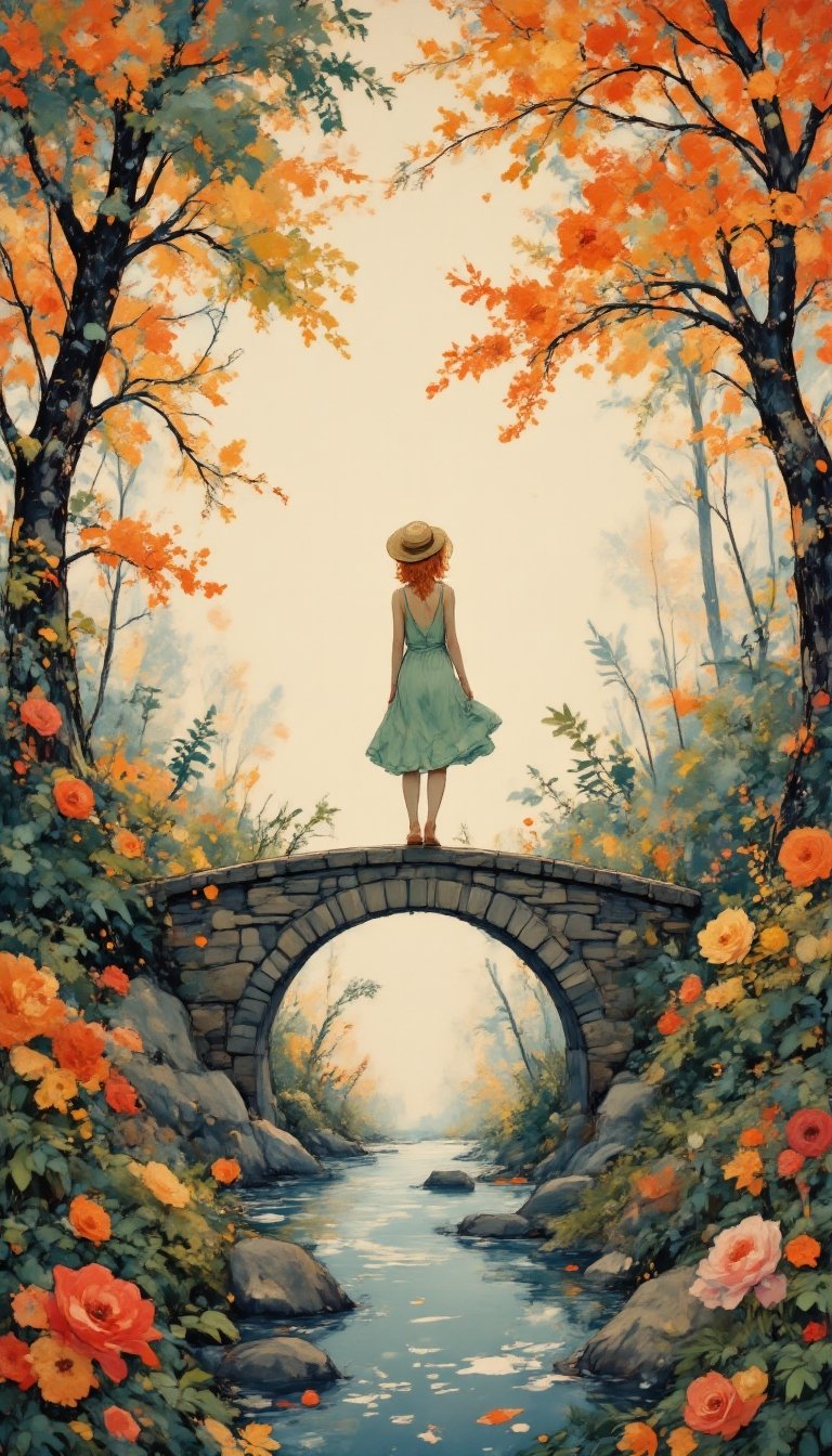 This minimalist work embodies the essence of simplicity. A distant solo young woman with bright-orange hair wearing a larg...