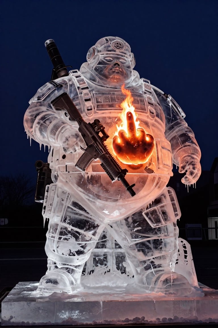 Transparent melting ice sculpture of a lazy very fat man in high-tech modern military equipment,  in an ice flack vest hol...