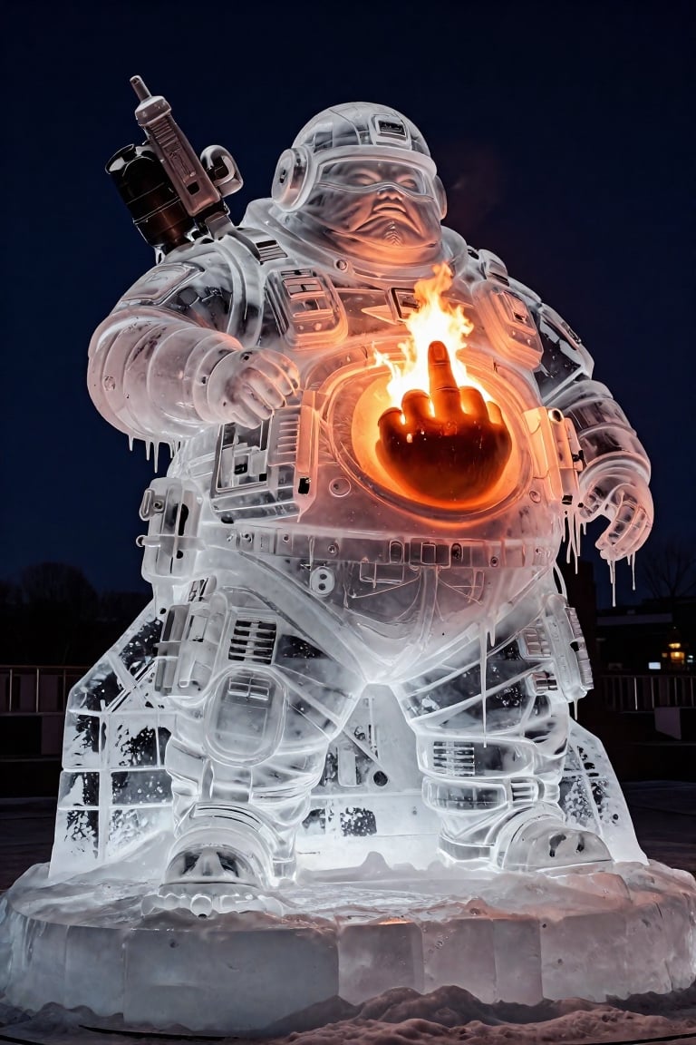 Transparent melting ice sculpture of a lazy very fat man in high-tech modern military equipment,  in an ice flack vest hol...