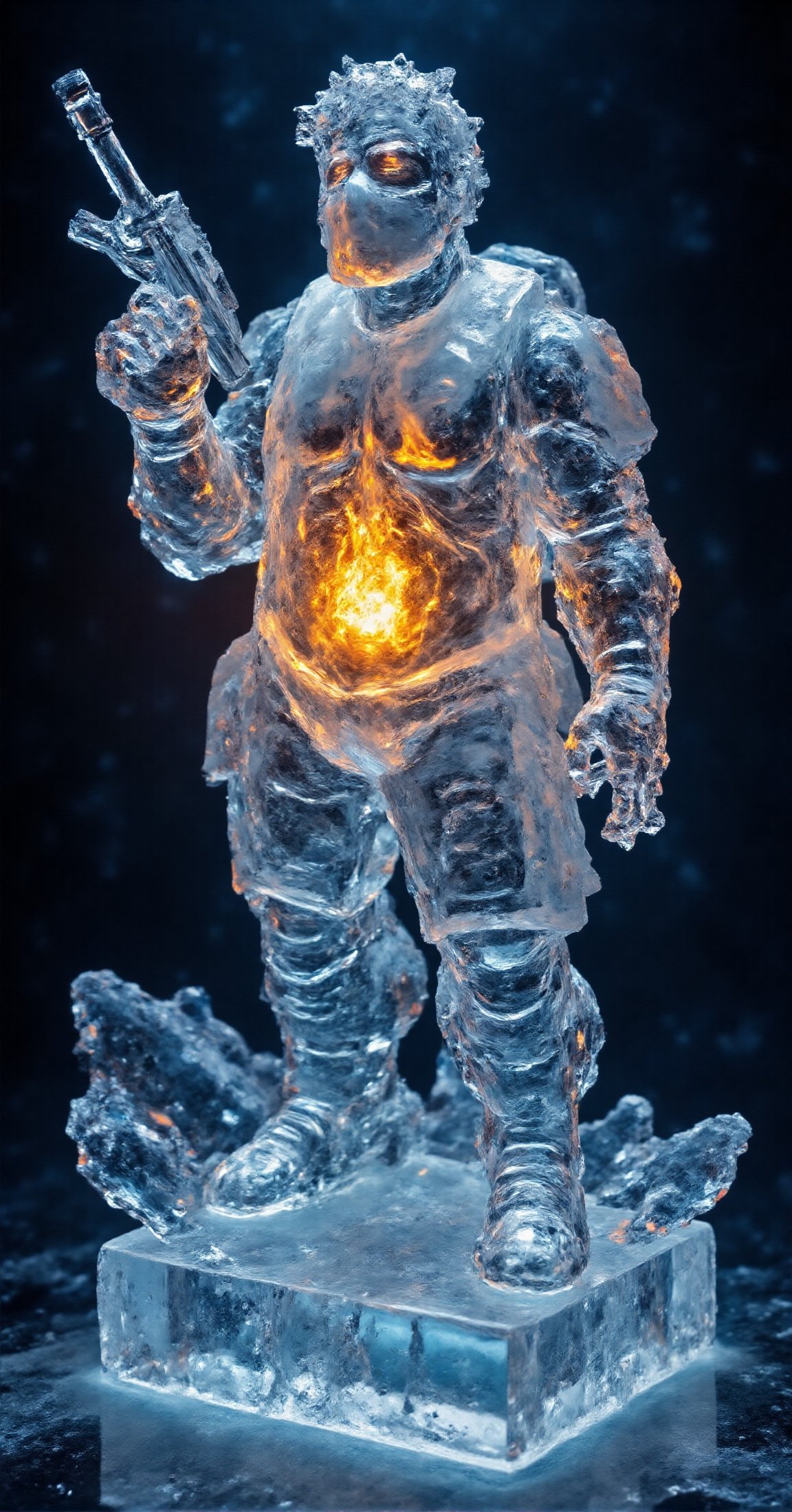 Transparent melting ice sculpture of a lazy very fat man in high-tech modern military equipment,  in an ice flack vest hol...