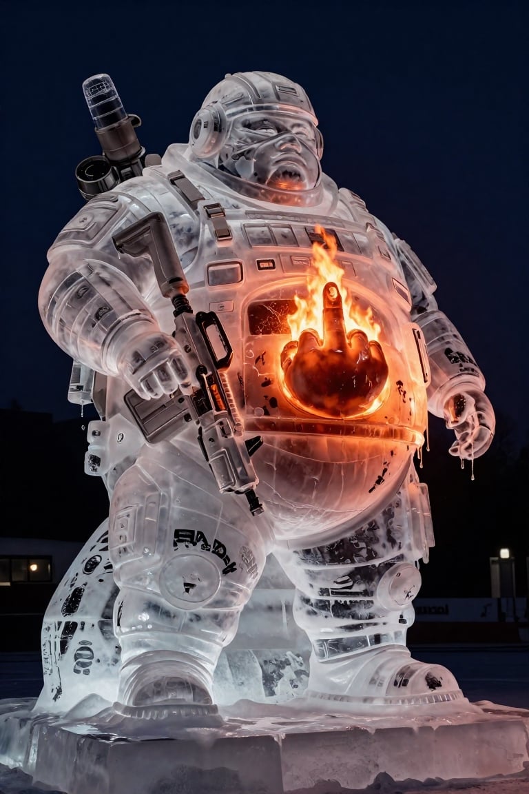 Transparent melting ice sculpture of a lazy very fat man in high-tech modern military equipment,  in an ice flack vest hol...