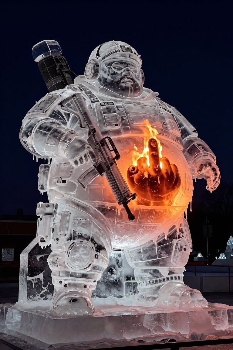 Transparent melting ice sculpture of a lazy very fat man in high-tech modern military equipment,  in an ice flack vest hol...