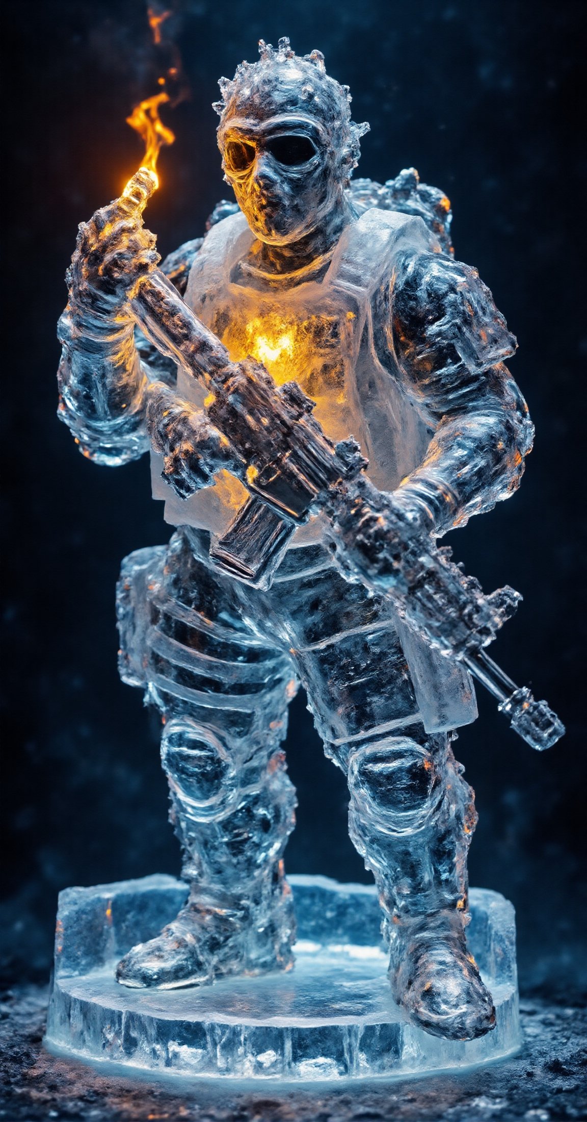 Transparent melting ice sculpture of a lazy very fat man in high-tech modern military equipment,  in a flack vest holding...