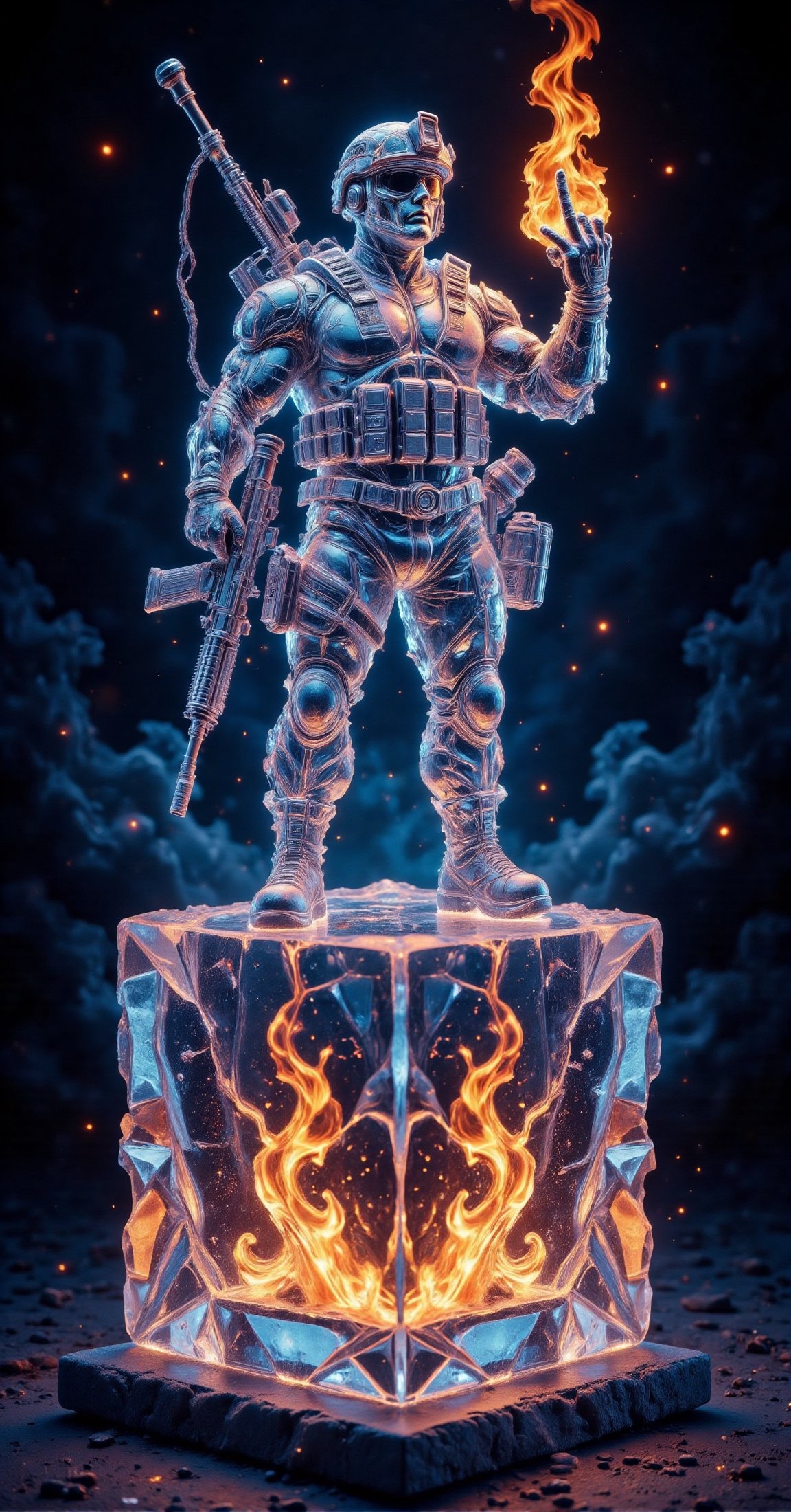 a 3D rendering ice sculpture of a high-tech modern soldier in a flack vest holding an M4 with attached grenade launcher. T...