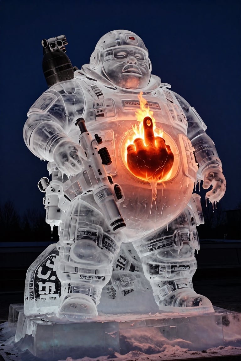Transparent melting ice sculpture of a lazy very fat man in high-tech modern military equipment,  in an ice flack vest hol...