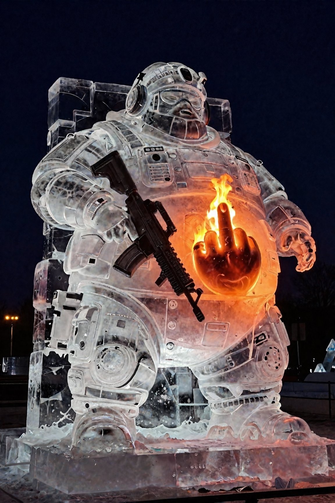 Transparent melting ice sculpture of a lazy very fat man in high-tech modern military equipment,  in an ice flack vest hol...