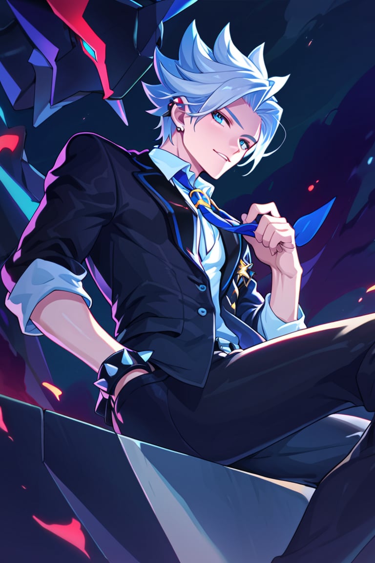 score_9, score_8_up, score_7_up, score_6_up, score_5_up, score_4_up, source_anime, BREAK, best quality, best aesthetic, 
1boy, male focus, solo,Nakroth,Spiked hair,long hair,white hair,Blue eyes, sitting, nighttime, turn back, top-building background , look back,Collared shirt,Blue necktie, close up