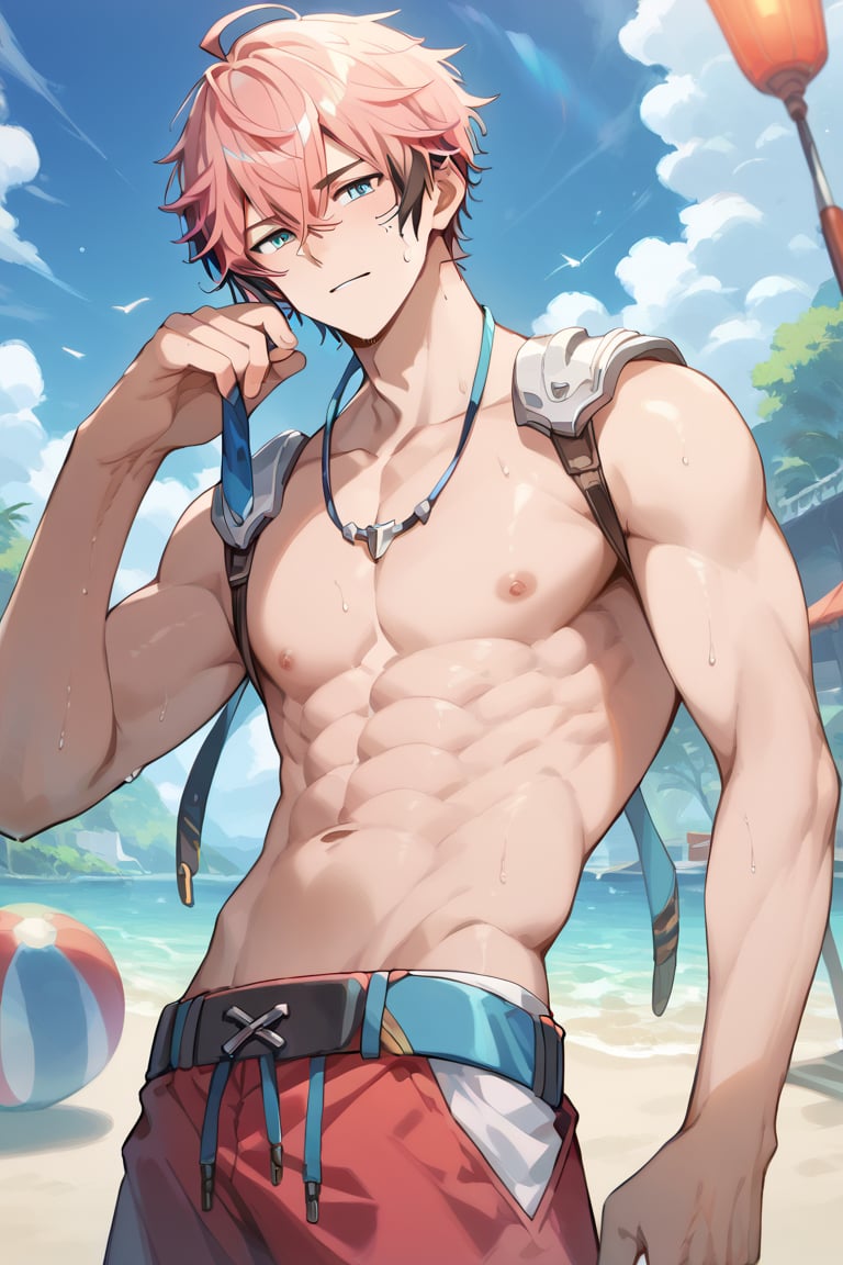 score_9, score_8_up, score_7_up, masterpiece, best quality, 1boy, male focus, black hair, blue eyes, looking at viewer, sweating, multicolored hair, abs,pink hair,akagi_wen