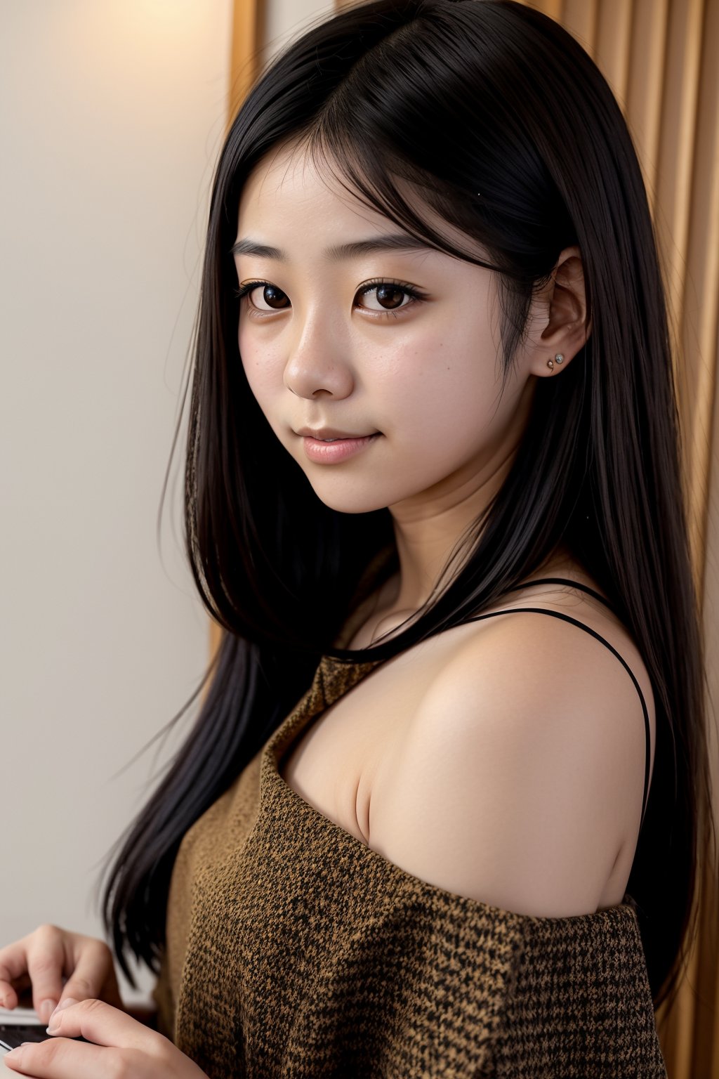 ((A 15-year-old Japanese girl with straight,  shoulder-length black hair and warm brown eyes,  double eyelids)). She often...