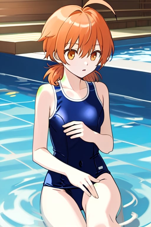 master piece,cowboy shot,young child,small breast,navy colored school swimsuit,koito yuu,short twin tails,ahoge,orange hair,sitting down,spa,