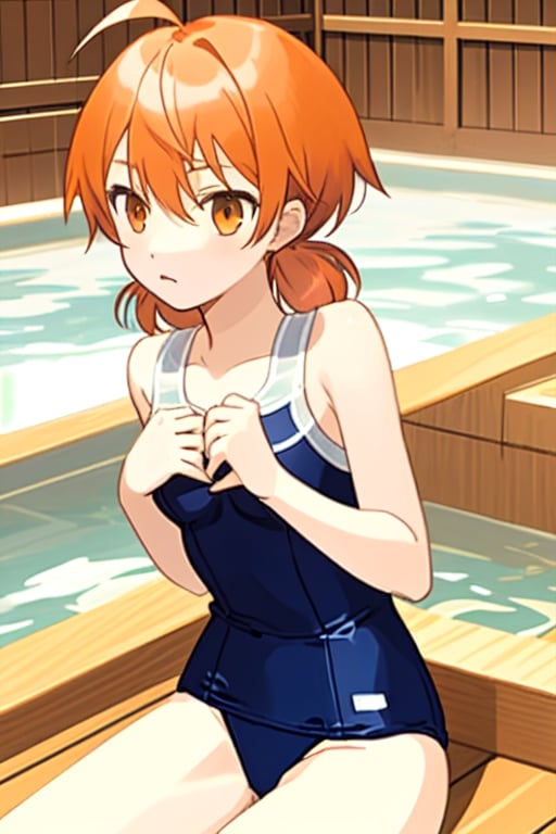 master piece,cowboy shot,young child,small breast,navy colored school swimsuit,koito yuu,short twin tails,ahoge,orange hair,sitting down,spa,