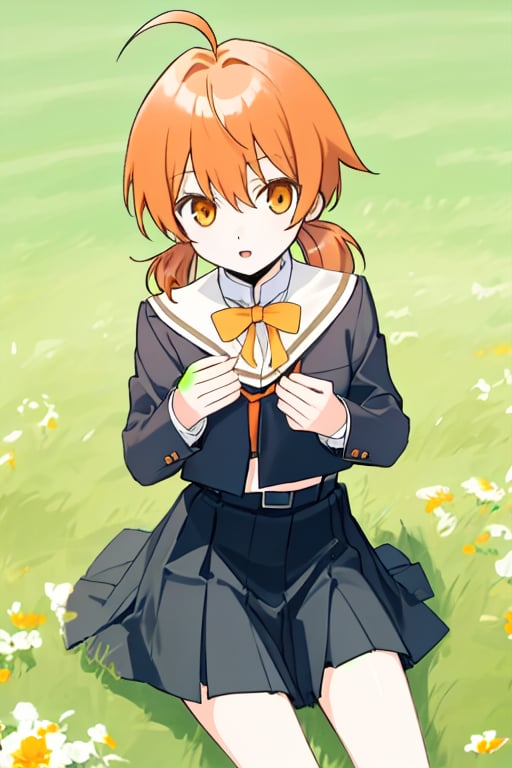 master piece,cowboy shot,young child,small breast,school uniform,koito yuu,short twin tails,ahoge,orange hair,sitting down on the field,