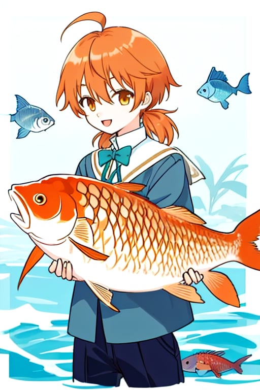 master piece,cowboy shot,young child,small breast,school uniform,koito yuu,short twin tails,ahoge,orange hair,holdind huge carp,happy,