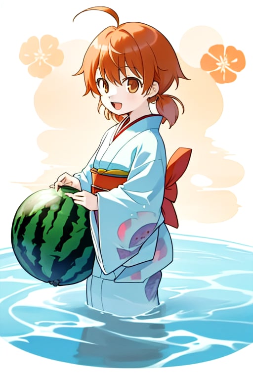 master piece,cowboy shot,young child,small breast,japanese kimono,koito yuu,short twin tails,ahoge,orange hair,(holding huge water melon),happy,