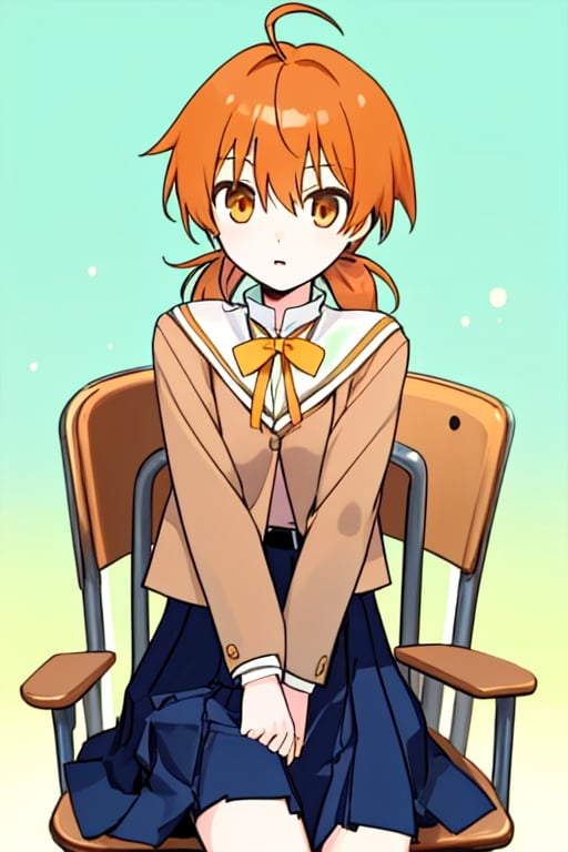 master piece,cowboy shot,young child,small breast,school uniform,koito yuu,short twin tails,ahoge,orange hair,sitting down on the chair,