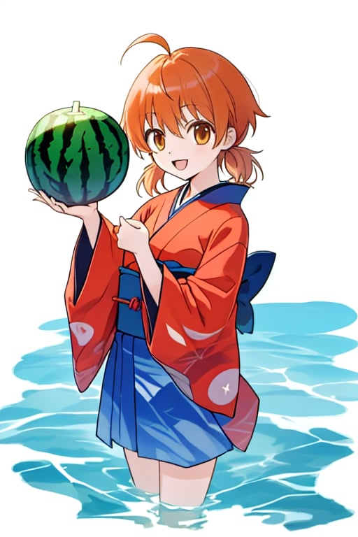 master piece,cowboy shot,young child,small breast,japanese kimono,koito yuu,short twin tails,ahoge,orange hair,(holding huge water melon),happy,