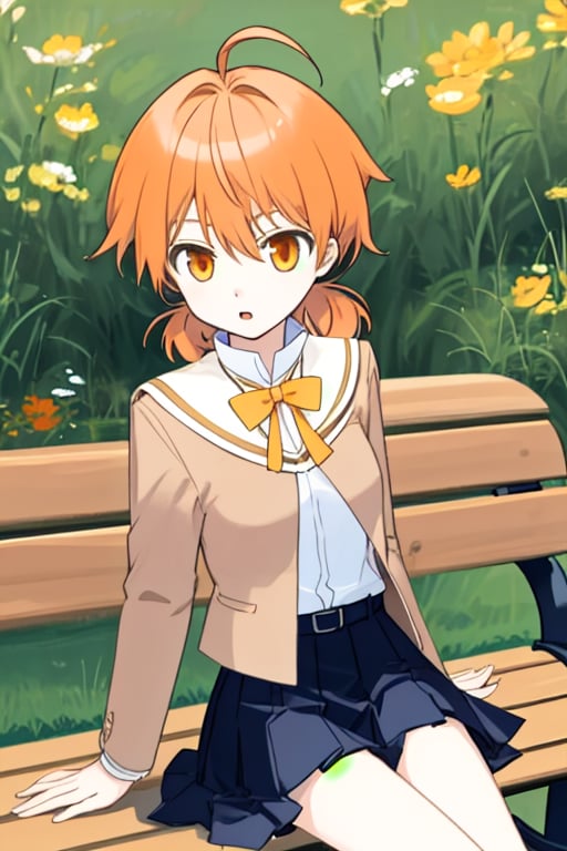 master piece,cowboy shot,young child,small breast,school uniform,koito yuu,short twin tails,ahoge,orange hair,sitting down on the bench,