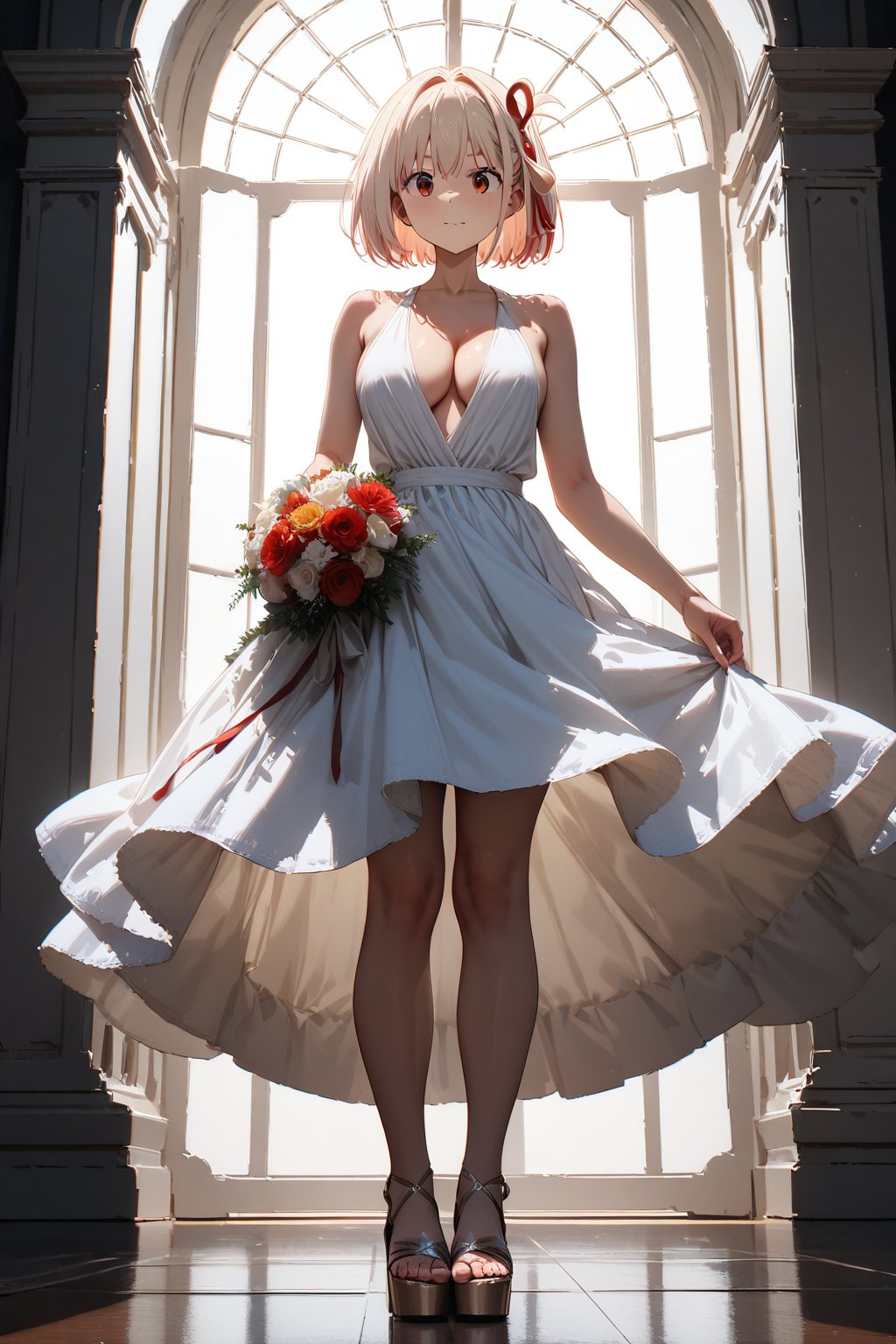  (masterpiece, best quality, ultra-detailed, 8K),(picture-perfect face),best quality.Chisato Nishikigi from lycoris recoil , white hair, full body , braless, from the front,  bouquet of Lycoris radiata, elegant women's platform sandals, white full dress