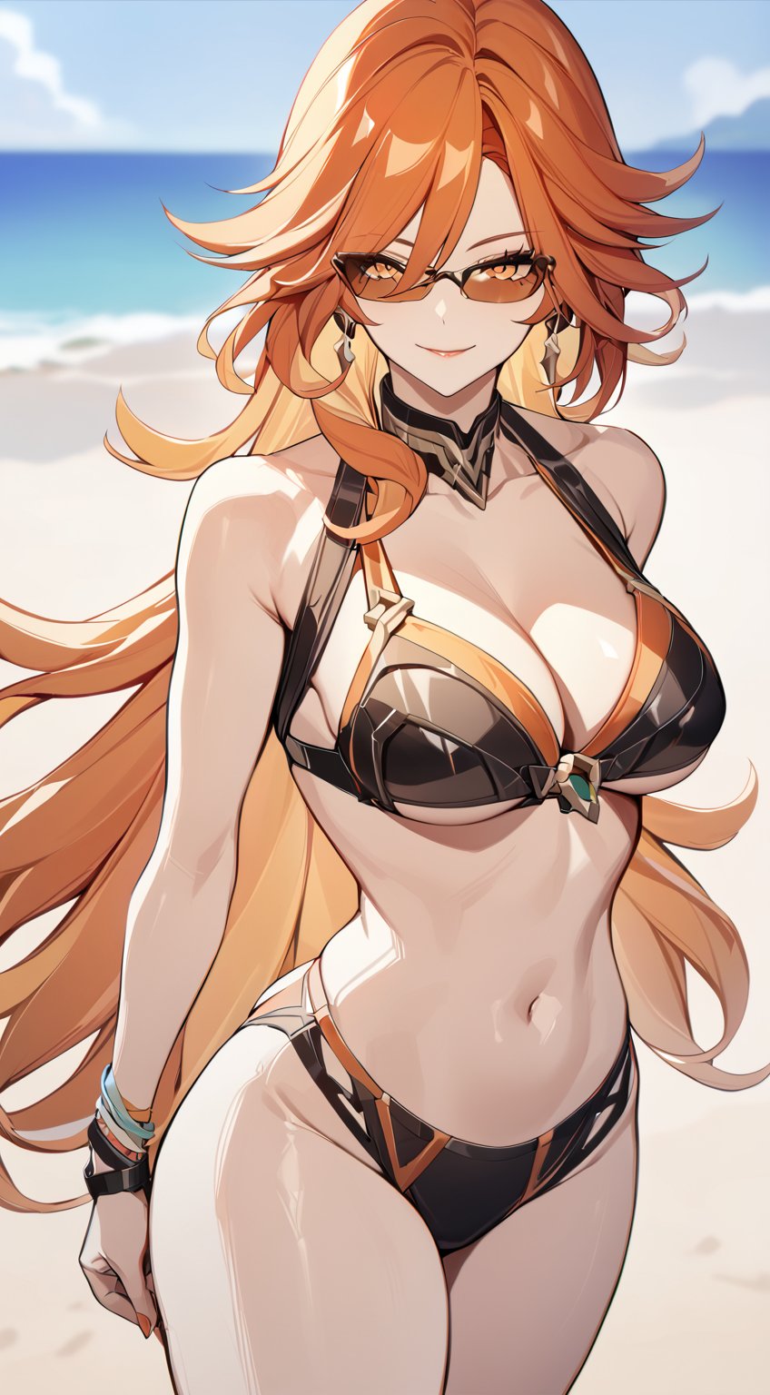 ((masterpiece, 1girl)), best quality, confident pose. smile. looking at camera. Mavuika from Genshin Impact in bikkini in a beach. 
mature female. tough. strong.  red/orange hair, long hair, with the mavuika sunglasses
