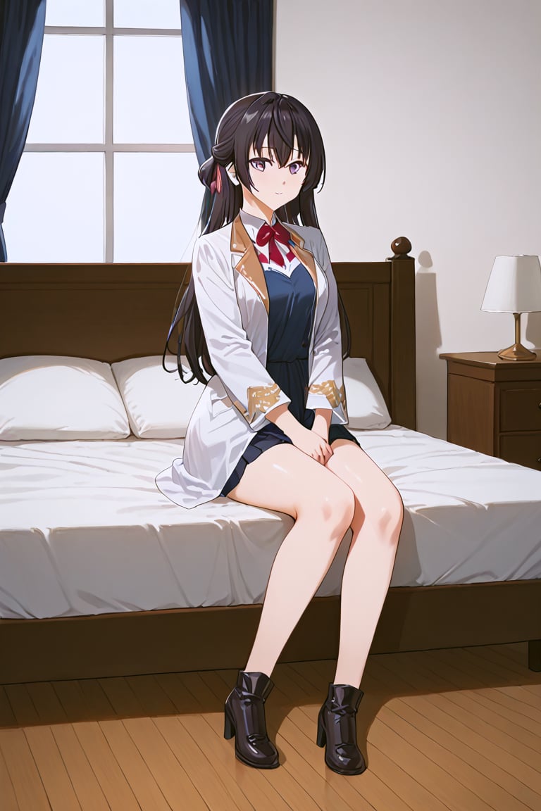  (masterpiece, best quality, ultra-detailed, 8K),(picture-perfect face),best quality, anime style, 1girl, detailed hair, solo, detail eye, full body
,yuki Suou  , black hair, long hair, half updo, hair between eyes, purple eyes,  bed clothes ,sexy  ,sexy pose, beautiful_female_fingers,pantless,sexy clothes, white long shirt that is covering down to her legs