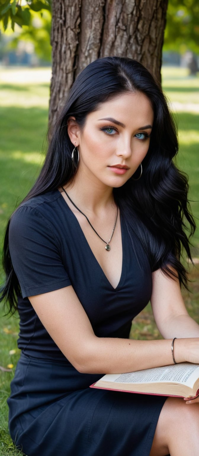 Generate hyper realistic image of a woman with long, black hair sitting outdoors beneath a tree, wearing a black shirt with short sleeves. She's holding an open book, her blue eyes looking directly at the viewer, with hoop earrings adorning her ears. A cat sits beside her, and she wears a necklace and bracelet, her lips subtly curved as if she's absorbed in reading.