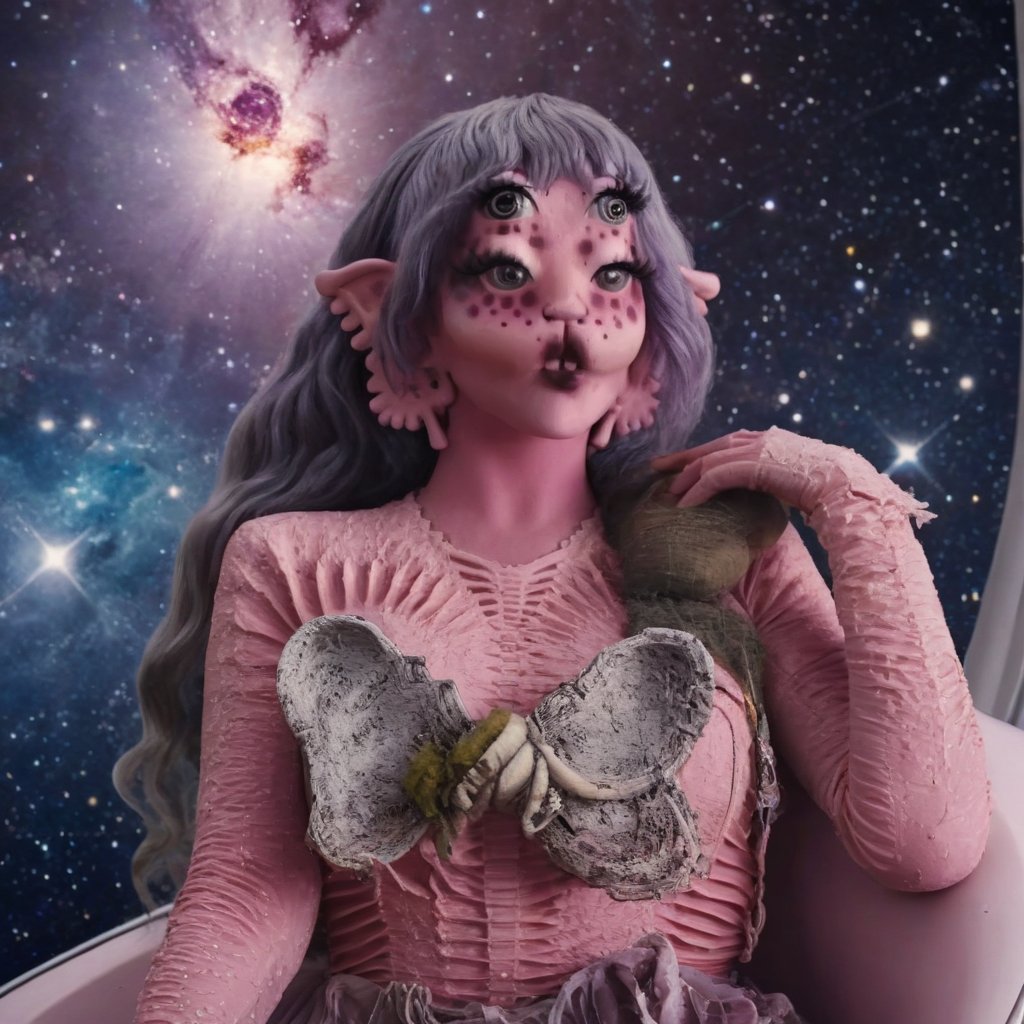 Pink and purple makeup, gorgeous makeup, a girl who is sitting on Mercury, in the background is deep space and you can see other nearby planets, including the sun and the moon, four eyes, Full body, dark pink short curly hair, cured and detailed outfit, her hair is long and wavy, her hair is long, 4k, 18k, hairstyle, perfect face, Melanie, Adele, Long hair, masterpiece high quality 18K, Hyperrealism, Realistic vision, rosy cheeks, realistic woman, a girl, Woman, best quality, woman, high quality, good lighting, A woman, mercury00, Long hair, Pink skin, four eyes, Fancy, model, A woman. Pink and purple makeup, gorgeous makeup, long train skirt, space00, pink skin, four eyes, Full body, a girl, dark pink short curly hair, cured and detailed outfit, her hair is long and wavy, her hair is long, 4k , 18k, hairstyle, perfect face, Melanie, Adele, Long hair, masterpiece high quality 18K, Hyperrealism, Realistic vision, rosy cheeks, realistic woman, a girl, Woman, best quality, woman, high quality, good lighting, A woman, galaxy00, Long hair, Pink skin, four eyes, Fancy, model, A woman,Big Quality, Masterpiece, High Quality,Melanie Martinez, Beautiful, 1girl,4 eyes, Nymph, Pink Skin, Mercury, Venus, Pluto, Sol, Luna , Space, Galaxy, Stars, planets, milky way, space background, mercury, girl in mercury