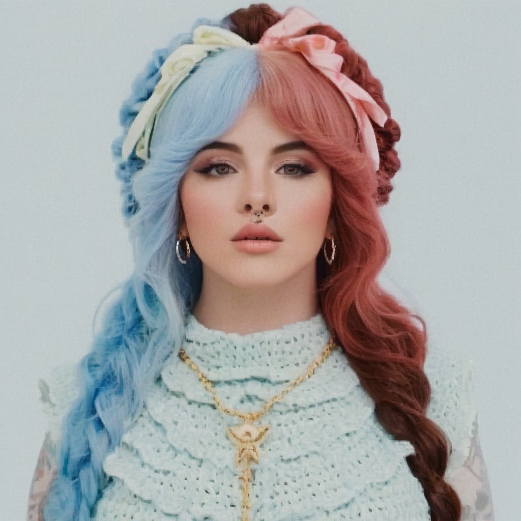  A striking fashion-forward image of a woman on a completely white background. She has long, red ruffled curly hair adorned with bows and braids, and wears a balaclava made of pastel pink crochet and baby blue. The outfit is a captivating blend of baby blue and chick yellow crochet, featuring chains and star pendants in a Y2K fashion style. Posing elegantly with thorn rings and her cascading hair, she is a perfect embodiment of alternative fashion. Her outfit, facial features, and tied alternative hairstyle create an ethereal elf-like aesthetic. The image has a cinematic quality, showcasing a unique and eye-catching fashion statement., fashion, cinematic ,Melanie ,Adele,a woman