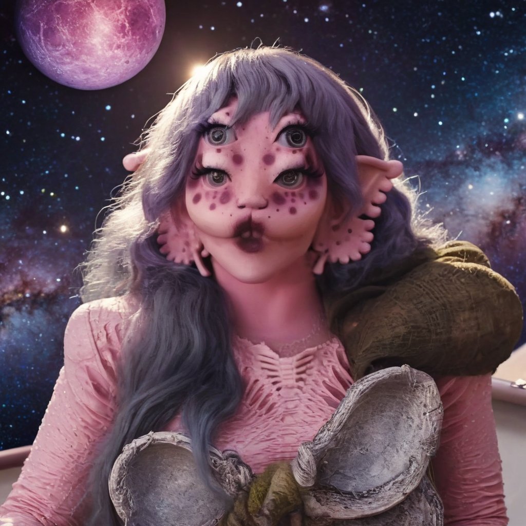 Pink and purple makeup, gorgeous makeup, a girl who is sitting on Mercury, in the background is deep space and you can see other nearby planets, including the sun and the moon, four eyes, Full body, dark pink short curly hair, cured and detailed outfit, her hair is long and wavy, her hair is long, 4k, 18k, hairstyle, perfect face, Melanie, Adele, Long hair, masterpiece high quality 18K, Hyperrealism, Realistic vision, rosy cheeks, realistic woman, a girl, Woman, best quality, woman, high quality, good lighting, A woman, mercury00, Long hair, Pink skin, four eyes, Fancy, model, A woman. Pink and purple makeup, gorgeous makeup, long train skirt, space00, pink skin, four eyes, Full body, a girl, dark pink short curly hair, cured and detailed outfit, her hair is long and wavy, her hair is long, 4k , 18k, hairstyle, perfect face, Melanie, Adele, Long hair, masterpiece high quality 18K, Hyperrealism, Realistic vision, rosy cheeks, realistic woman, a girl, Woman, best quality, woman, high quality, good lighting, A woman, galaxy00, Long hair, Pink skin, four eyes, Fancy, model, A woman,Big Quality, Masterpiece, High Quality,Melanie Martinez, Beautiful, 1girl,4 eyes, Nymph, Pink Skin, Mercury, Venus, Pluto, Sol, Luna , Space, Galaxy, Stars, planets, milky way, space background, mercury, girl in mercury