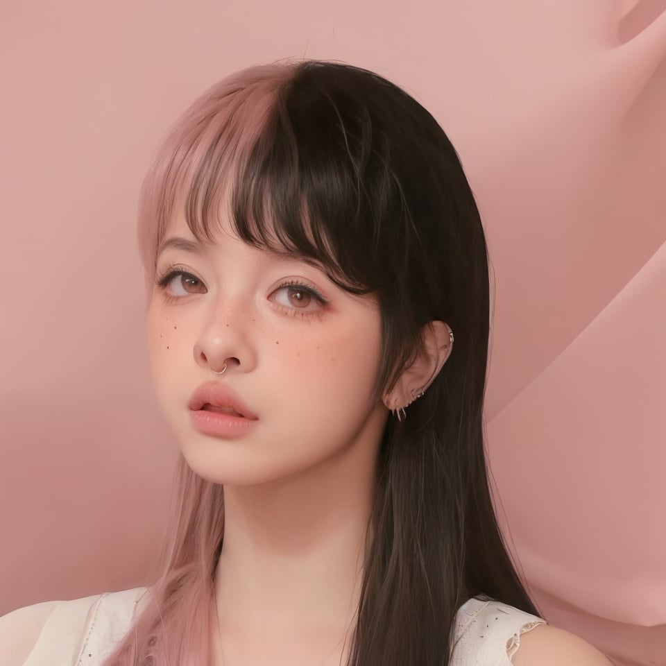 A woman, 1girl, long straight split dye mullet hair with bangs, black and pink hair, nose ring, brown eyes, cute face, long lashes, dirty pink lips, black eyebrows, pale skin, high quality 18K, Hyperrealism, Realistic vision, rosy cheeks, freckles, high eyes quality, high face quality