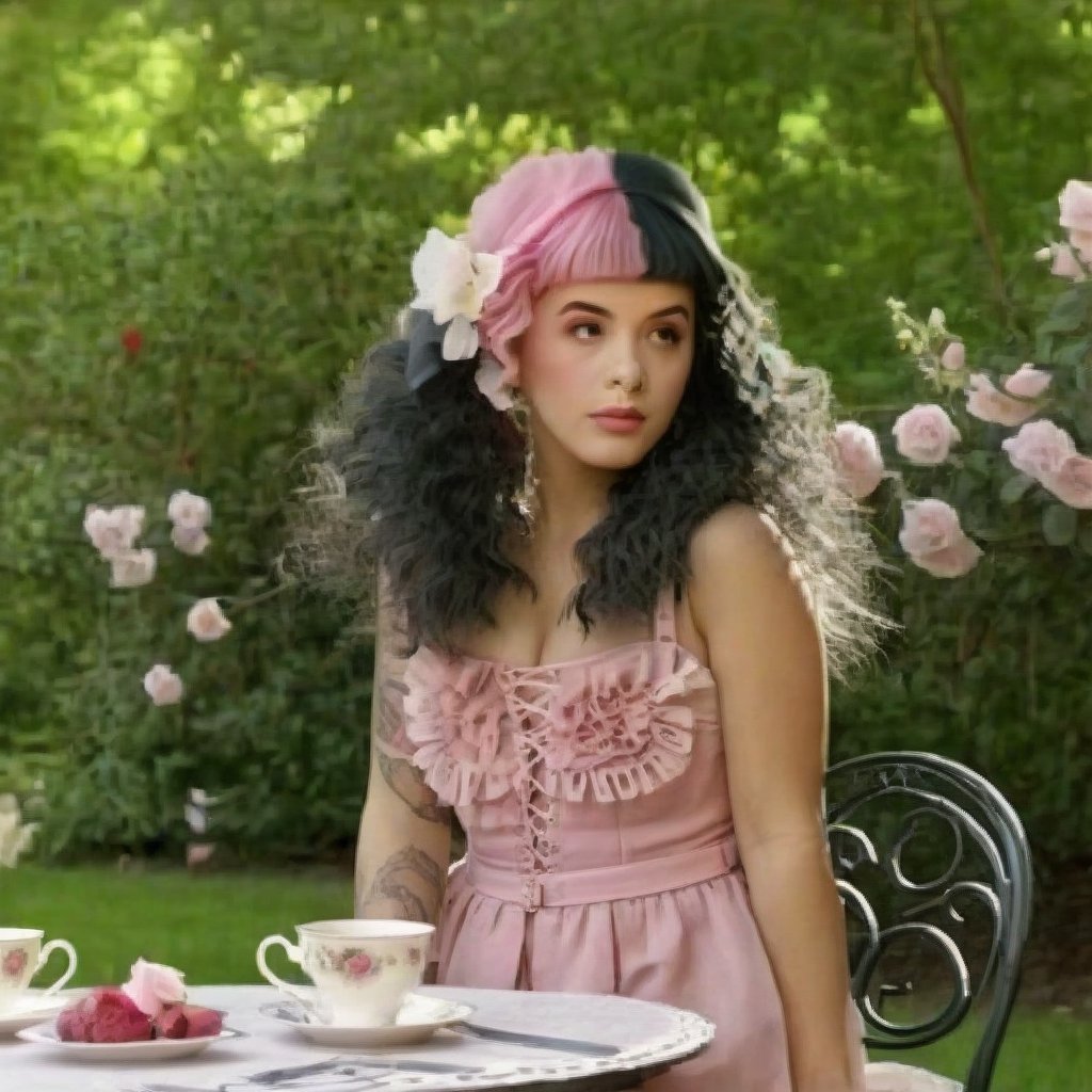  a girl who is sitting at a table ready for a tea hour, she along with the chairs and table is outside so in the background there is a beautiful garden with flowers, she wears a pink dress and a pink hat that matches her dress, the girl has fluffy pink and black hair ,black split dye, 4k, 18k, hairstyle, perfect face, After School, Melanie, Adele, Long hair, masterpiece high quality 18K, Hyperrealism, Realistic vision, rosy cheeks, realistic woman, a girl, Woman, best quality, woman, high quality, good lighting, A woman, with split hair, After School, girl, beauty, a girl who is sitting at a table ready for a tea hour, she along with the chairs and table is Outside, in the background there is a beautiful garden with flowers, she wears a pink dress and a pink hat that matches her dress, she has pink and black curly fluffy hair, black split dye, garden, tea time, elegant table , elegant chairs, elegant tea cups and roses, garden, flowers, bushes, pink, elegant, tea time in the garden