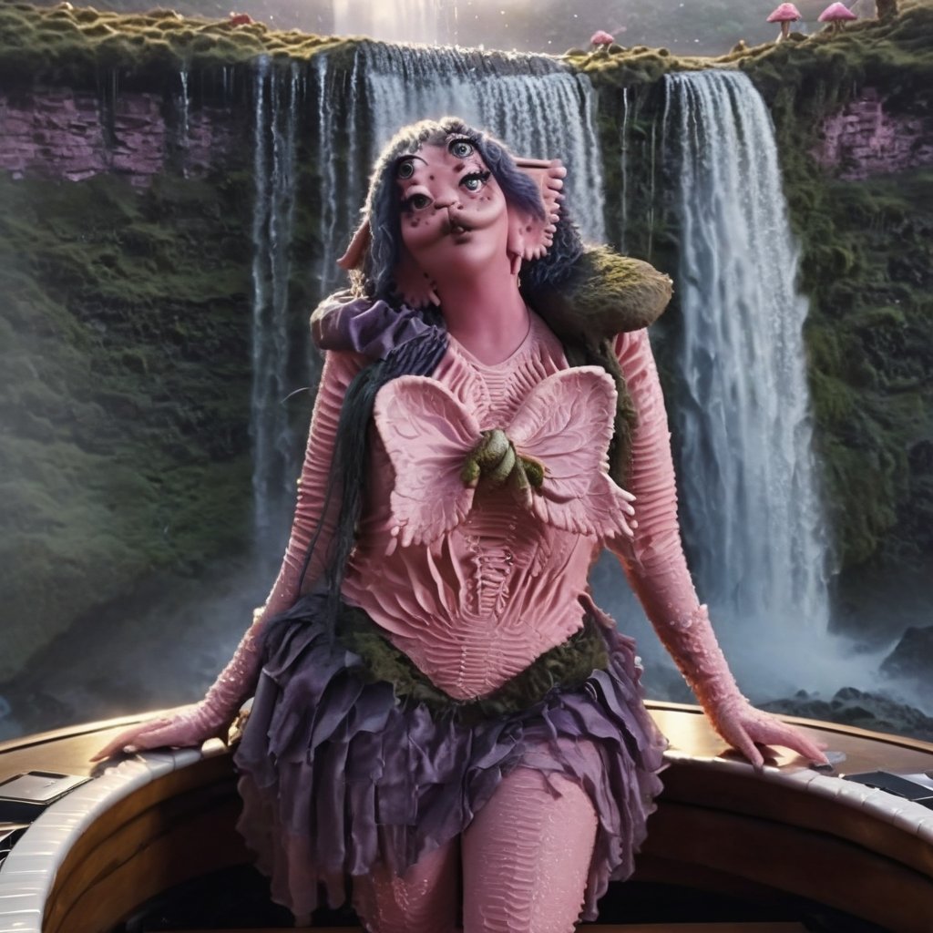 Pink and Purple makeup, gorgeous makeup, a girl who is playing a piano that is next to a big waterfall and rain, piano00, pink skin, four eyes, Full body, dark blue short curly hair, cured and detailed outfit, her hair is long and wavy, her hair is long, 4k, 18k, hairstyle, perfect face, Melanie, Adele, Long hair, masterpiece high quality 18K, Hyperrealism, Realistic vision, rosy cheeks, realistic woman, a girl, Woman, best quality, woman, high quality, good lighting, A woman, waterfall00, Long hair, Pink skin, four eyes, Fancy, model, A woman. Pink and purple makeup, gorgeous makeup, long train skirt, piano00, pink skin, four eyes, Full body, a girl, dark pink short curly hair, cured and detailed outfit, her hair is long and wavy, her hair is long, 4k , 18k, hairstyle, perfect face, Melanie, Adele, Long hair, masterpiece high quality 18K, Hyperrealism, Realistic vision, rosy cheeks, realistic woman, a girl, Woman, best quality, woman, high quality, good lighting, A woman, rain00, Long hair, Pink skin, four eyes, Fancy, model, A woman,Big Quality, Masterpiece, High Quality,Melanie Martinez, Beautiful, 1girl,4 eyes, Nymph, Pink Skin