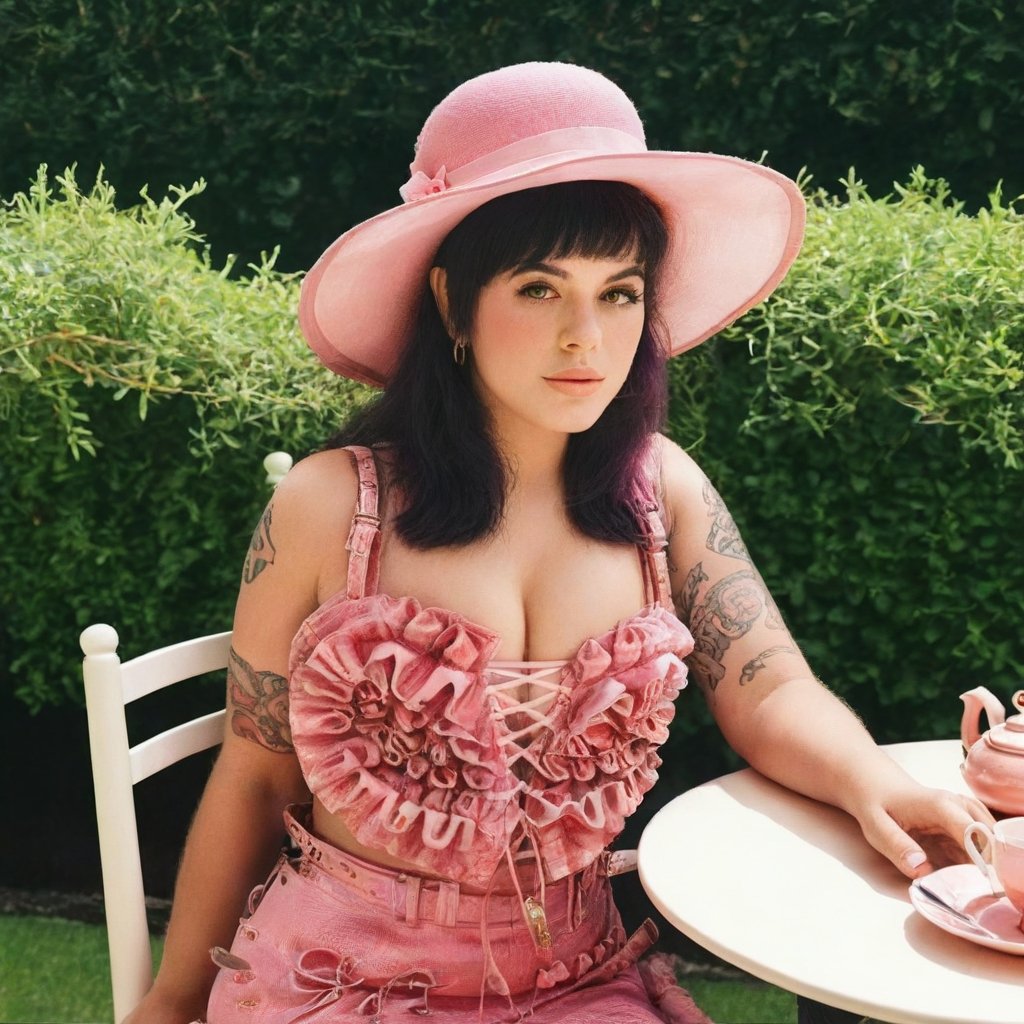  a girl who is sitting at a table ready for a tea hour, she along with the chairs and table is outside so in the background there is a beautiful garden with flowers, she wears a pink dress and a pink hat that matches her dress, the girl has fluffy pink and black hair ,black split dye, 4k, 18k, hairstyle, perfect face, After School, Melanie, Adele, Long hair, masterpiece high quality 18K, Hyperrealism, Realistic vision, rosy cheeks, realistic woman, a girl, Woman, best quality, woman, high quality, good lighting, A woman, with split hair, After School, girl, beauty, a girl who is sitting at a table ready for a tea hour, she along with the chairs and table is Outside, in the background there is a beautiful garden with flowers, she wears a pink dress and a pink hat that matches her dress, she has pink and black curly fluffy hair, black split dye, garden, tea time, elegant table , elegant chairs, elegant tea cups and roses, garden, flowers, bushes, pink, elegant, tea time in the garden