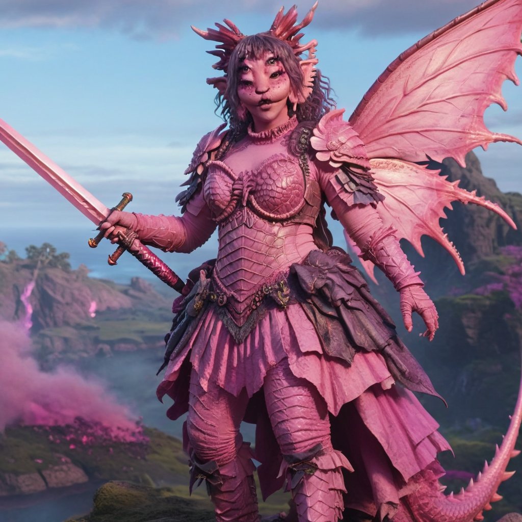 Pink and purple makeup, gorgeous makeup, a girl who is on top of a big pink dragon while there is fire all over the place, the girl wears armor and in her right hand she has a sword, four eyes, Full body, dark pink short curly hair, cured and detailed outfit, her hair is long and wavy, her hair is long, 4k, 18k, hairstyle, perfect face, Melanie, Adele, Long hair, masterpiece high quality 18K, Hyperrealism, Realistic vision, rosy cheeks, realistic woman , a girl, Woman, best quality, woman, high quality, good lighting, A woman, dragon00, Long hair, Pink skin, four eyes, Fancy, model, A woman. Pink and purple makeup, gorgeous makeup, long train skirt, sword00, pink skin, four eyes, Full body, a girl, dark pink short curly hair, cured and detailed outfit, her hair is long and wavy, her hair is long, 4k , 18k, hairstyle, perfect face, Melanie, Adele, Long hair, masterpiece high quality 18K, Hyperrealism, Realistic vision, rosy cheeks, realistic woman, a girl, Woman, best quality, woman, high quality, good lighting, A woman, armor00, Long hair, Pink skin, four eyes, Fancy, model, A woman,Big Quality, Masterpiece, High Quality,Melanie Martinez, Beautiful, 1girl,4 eyes, Nymph, Pink Skin, Armor, sword, a girl holding a sword in her right hand, a girl on top of a large pink dragon, large pink dragon, dragon, large dragon, pink dragon, shining armor, pointed sword, fire around, fire, fire