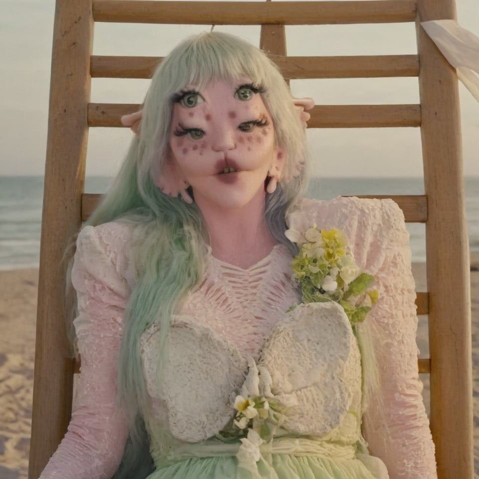 A woman with four eyes, pink skin, textured skin, long light green hair, white flowy dress, embroidered tiny pastel flowers on dress, short white sleeves, white heels, sitting, beach, on a wooden chair, sunlight, textured skin,Melanie woman