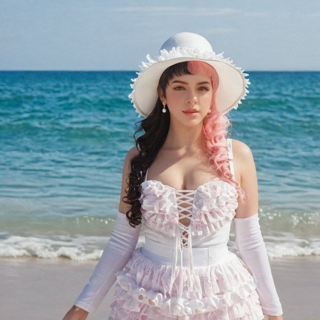 a girl who is entering the sea on a beach, she wears a beautiful long white dress with a white hat with pearls for decoration, the girl has fluffy pink hair black split dye, 4k, 18k, hairstyle, perfect face, After School, Melanie , Adele, Long hair, masterpiece high quality 18K, Hyperrealism, Realistic vision, rosy cheeks, realistic woman, a girl, Woman, best quality, woman, high quality, good lighting, A woman, with split hair, After School, girl, beauty, a girl who is entering the sea on a beach, the girl has fluffy, curly, black split dye pink and black hair, she has a big and beautiful white dress with a white hat, decorated with pearls, she even has a pearl in her right hand, sea, beach, pearls, white dress with pearls, white hat with pearls, pearls, pearls, mother of pearl, sea of ​​pearls