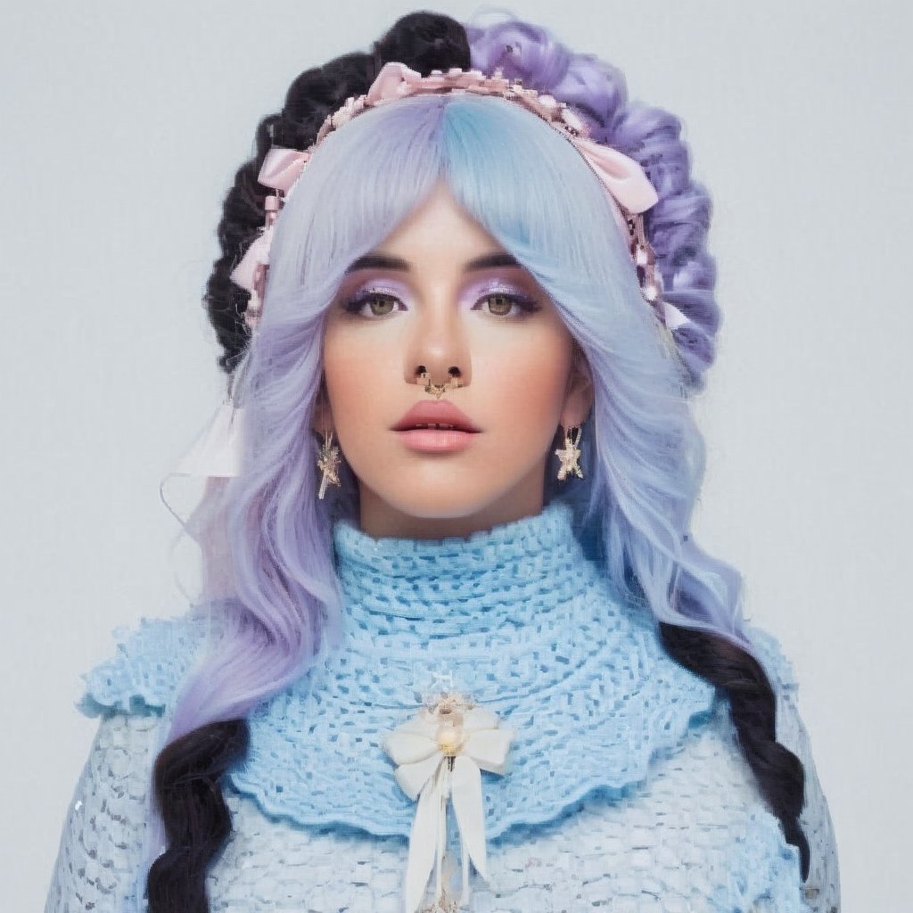  A striking fashion-forward image of a woman on a completely white background. She has long, purple n black ruffled curly hair adorned with bows and braids, and wears a balaclava made of pastel pink crochet and baby blue. The outfit is a captivating blend of baby blue and chick yellow crochet, featuring chains and star pendants in a Y2K fashion style. Posing elegantly with thorn rings and her cascading hair, she is a perfect embodiment of alternative fashion. Her outfit, facial features, and tied alternative hairstyle create an ethereal elf-like aesthetic. The image has a cinematic quality, showcasing a unique and eye-catching fashion statement., fashion, cinematic ,Melanie ,Adele,a woman