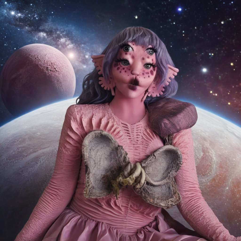 Pink and purple makeup, gorgeous makeup, a girl who is sitting on Mercury, in the background is deep space and you can see other nearby planets, including the sun and the moon, four eyes, Full body, dark pink short curly hair, cured and detailed outfit, her hair is long and wavy, her hair is long, 4k, 18k, hairstyle, perfect face, Melanie, Adele, Long hair, masterpiece high quality 18K, Hyperrealism, Realistic vision, rosy cheeks, realistic woman, a girl, Woman, best quality, woman, high quality, good lighting, A woman, mercury00, Long hair, Pink skin, four eyes, Fancy, model, A woman. Pink and purple makeup, gorgeous makeup, long train skirt, space00, pink skin, four eyes, Full body, a girl, dark pink short curly hair, cured and detailed outfit, her hair is long and wavy, her hair is long, 4k , 18k, hairstyle, perfect face, Melanie, Adele, Long hair, masterpiece high quality 18K, Hyperrealism, Realistic vision, rosy cheeks, realistic woman, a girl, Woman, best quality, woman, high quality, good lighting, A woman, galaxy00, Long hair, Pink skin, four eyes, Fancy, model, A woman,Big Quality, Masterpiece, High Quality,Melanie Martinez, Beautiful, 1girl,4 eyes, Nymph, Pink Skin, Mercury, Venus, Pluto, Sol, Luna , Space, Galaxy, Stars, planets, milky way, space background, mercury, girl in mercury