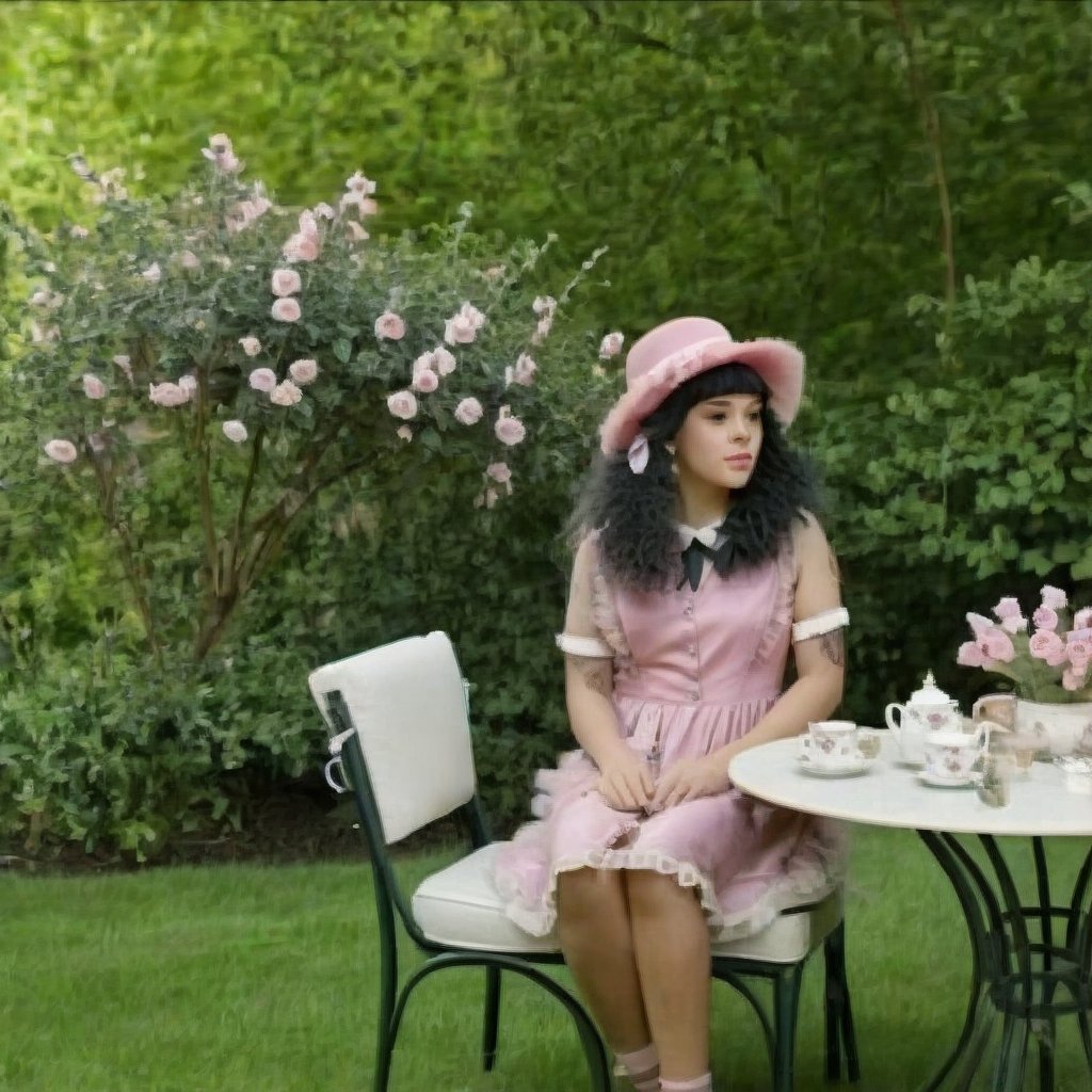  a girl who is sitting at a table ready for a tea hour, she along with the chairs and table is outside so in the background there is a beautiful garden with flowers, she wears a pink dress and a pink hat that matches her dress, the girl has fluffy pink and black hair ,black split dye, 4k, 18k, hairstyle, perfect face, After School, Melanie, Adele, Long hair, masterpiece high quality 18K, Hyperrealism, Realistic vision, rosy cheeks, realistic woman, a girl, Woman, best quality, woman, high quality, good lighting, A woman, with split hair, After School, girl, beauty, a girl who is sitting at a table ready for a tea hour, she along with the chairs and table is Outside, in the background there is a beautiful garden with flowers, she wears a pink dress and a pink hat that matches her dress, she has pink and black curly fluffy hair, black split dye, garden, tea time, elegant table , elegant chairs, elegant tea cups and roses, garden, flowers, bushes, pink, elegant, tea time in the garden