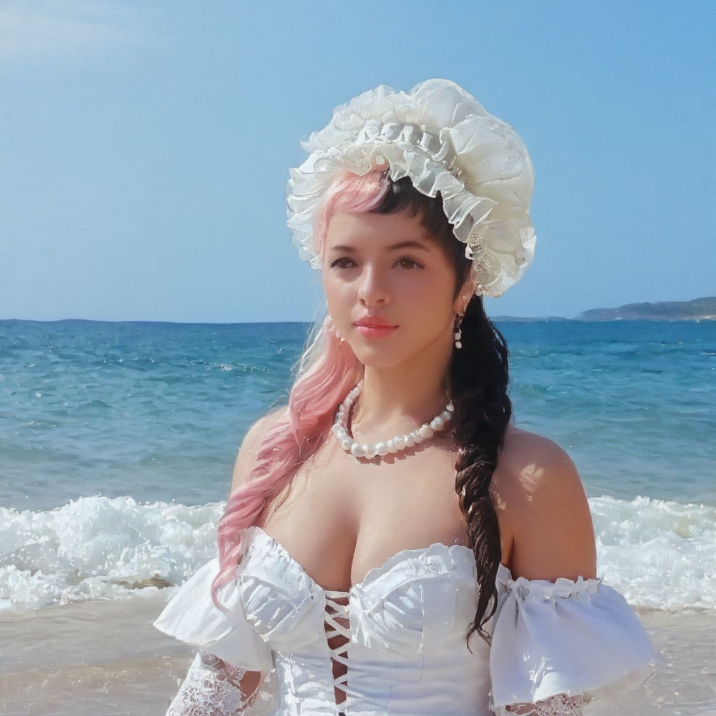 a girl who is entering the sea on a beach, she wears a beautiful long white dress with a white hat with pearls for decoration, the girl has fluffy pink hair black split dye, 4k, 18k, hairstyle, perfect face, After School, Melanie , Adele, Long hair, masterpiece high quality 18K, Hyperrealism, Realistic vision, rosy cheeks, realistic woman, a girl, Woman, best quality, woman, high quality, good lighting, A woman, with split hair, After School, girl, beauty, a girl who is entering the sea on a beach, the girl has fluffy, curly, black split dye pink and black hair, she has a big and beautiful white dress with a white hat, decorated with pearls, she even has a pearl in her right hand, sea, beach, pearls, white dress with pearls, white hat with pearls, pearls, pearls, mother of pearl, sea of ​​pearls