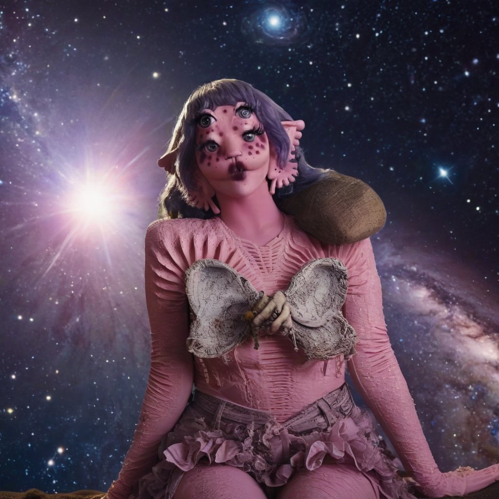 Pink and purple makeup, gorgeous makeup, a girl who is sitting on Mercury, in the background is deep space and you can see other nearby planets, including the sun and the moon, four eyes, Full body, dark pink short curly hair, cured and detailed outfit, her hair is long and wavy, her hair is long, 4k, 18k, hairstyle, perfect face, Melanie, Adele, Long hair, masterpiece high quality 18K, Hyperrealism, Realistic vision, rosy cheeks, realistic woman, a girl, Woman, best quality, woman, high quality, good lighting, A woman, mercury00, Long hair, Pink skin, four eyes, Fancy, model, A woman. Pink and purple makeup, gorgeous makeup, long train skirt, space00, pink skin, four eyes, Full body, a girl, dark pink short curly hair, cured and detailed outfit, her hair is long and wavy, her hair is long, 4k , 18k, hairstyle, perfect face, Melanie, Adele, Long hair, masterpiece high quality 18K, Hyperrealism, Realistic vision, rosy cheeks, realistic woman, a girl, Woman, best quality, woman, high quality, good lighting, A woman, galaxy00, Long hair, Pink skin, four eyes, Fancy, model, A woman,Big Quality, Masterpiece, High Quality,Melanie Martinez, Beautiful, 1girl,4 eyes, Nymph, Pink Skin, Mercury, Venus, Pluto, Sol, Luna , Space, Galaxy, Stars, planets, milky way, space background, mercury, girl in mercury