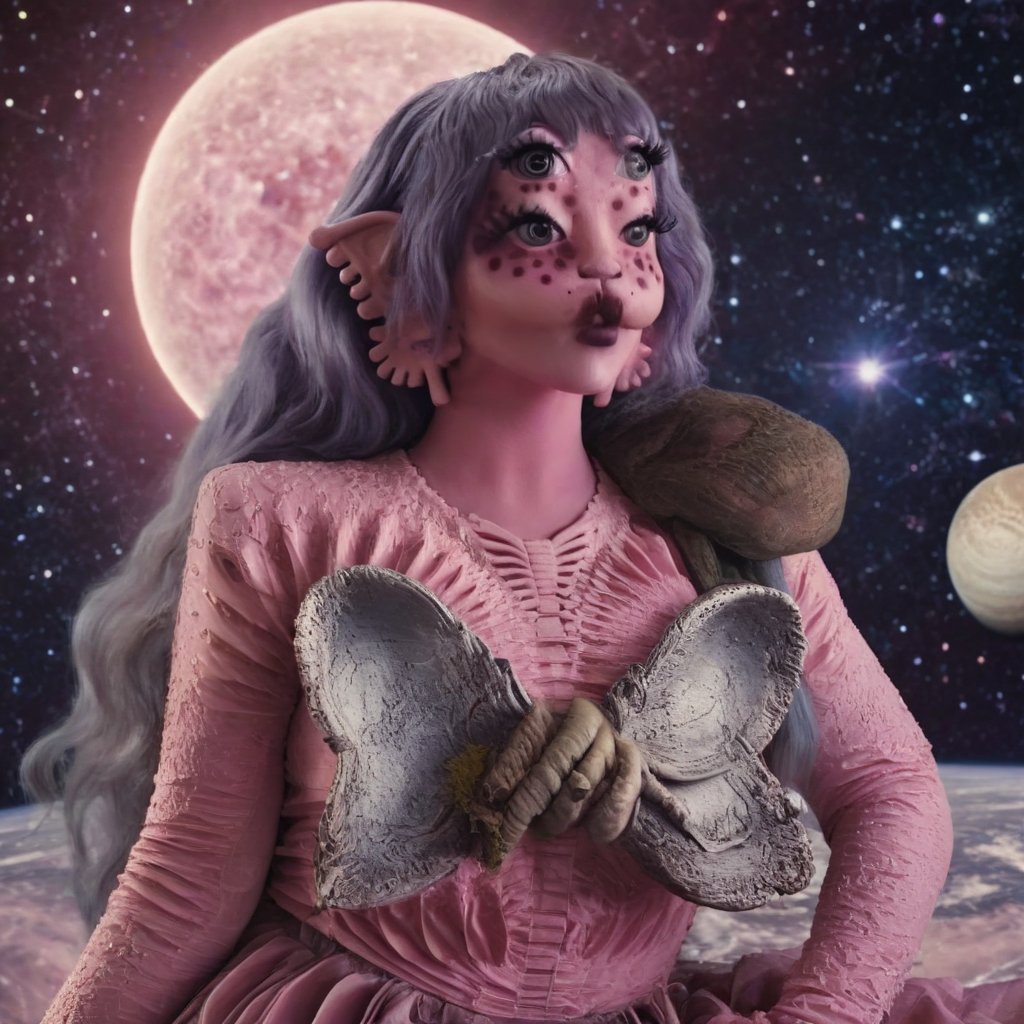 Pink and purple makeup, gorgeous makeup, a girl who is sitting on Mercury, in the background is deep space and you can see other nearby planets, including the sun and the moon, four eyes, Full body, dark pink short curly hair, cured and detailed outfit, her hair is long and wavy, her hair is long, 4k, 18k, hairstyle, perfect face, Melanie, Adele, Long hair, masterpiece high quality 18K, Hyperrealism, Realistic vision, rosy cheeks, realistic woman, a girl, Woman, best quality, woman, high quality, good lighting, A woman, mercury00, Long hair, Pink skin, four eyes, Fancy, model, A woman. Pink and purple makeup, gorgeous makeup, long train skirt, space00, pink skin, four eyes, Full body, a girl, dark pink short curly hair, cured and detailed outfit, her hair is long and wavy, her hair is long, 4k , 18k, hairstyle, perfect face, Melanie, Adele, Long hair, masterpiece high quality 18K, Hyperrealism, Realistic vision, rosy cheeks, realistic woman, a girl, Woman, best quality, woman, high quality, good lighting, A woman, galaxy00, Long hair, Pink skin, four eyes, Fancy, model, A woman,Big Quality, Masterpiece, High Quality,Melanie Martinez, Beautiful, 1girl,4 eyes, Nymph, Pink Skin, Mercury, Venus, Pluto, Sol, Luna , Space, Galaxy, Stars, planets, milky way, space background, mercury, girl in mercury